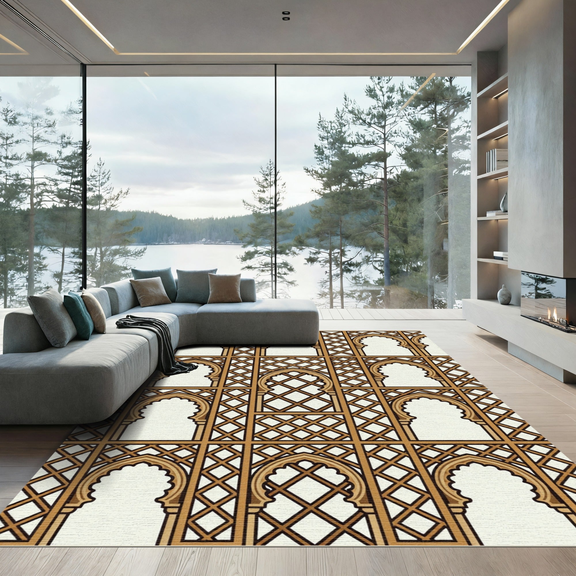 Ornate Arched Lattice Geometric Square Rug