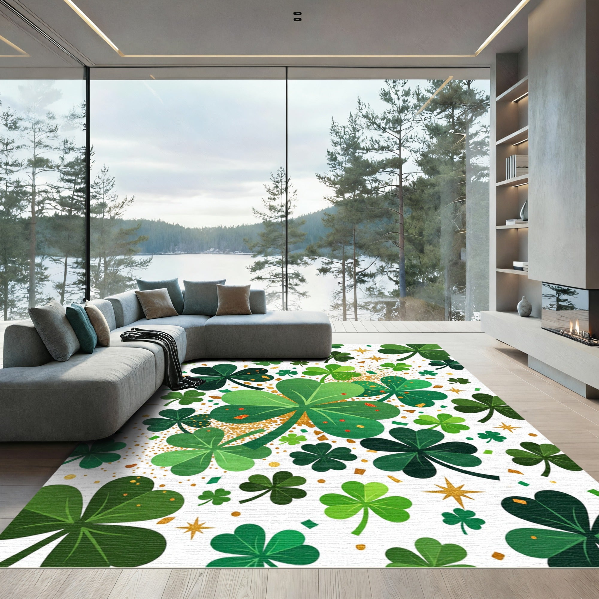 Whimsical Golden Shamrock Clover Forest Rug