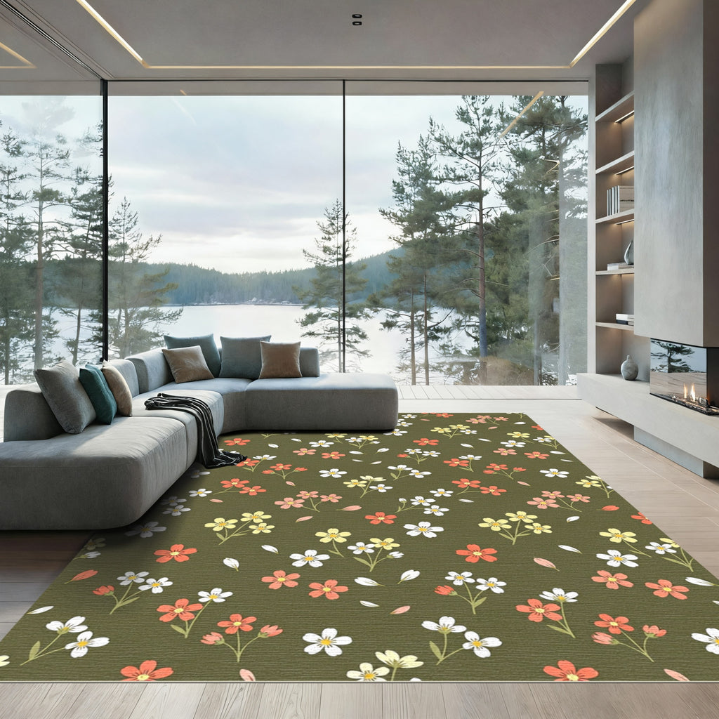 Dainty Wildflower Olive Meadow Fields Rug