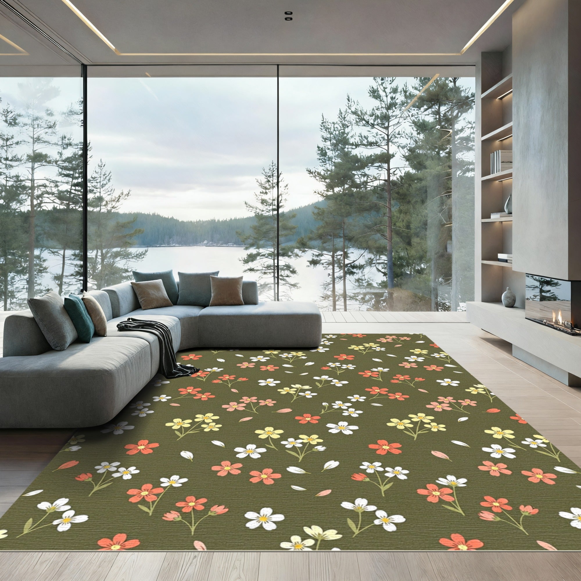 Dainty Wildflower Olive Meadow Fields Rug