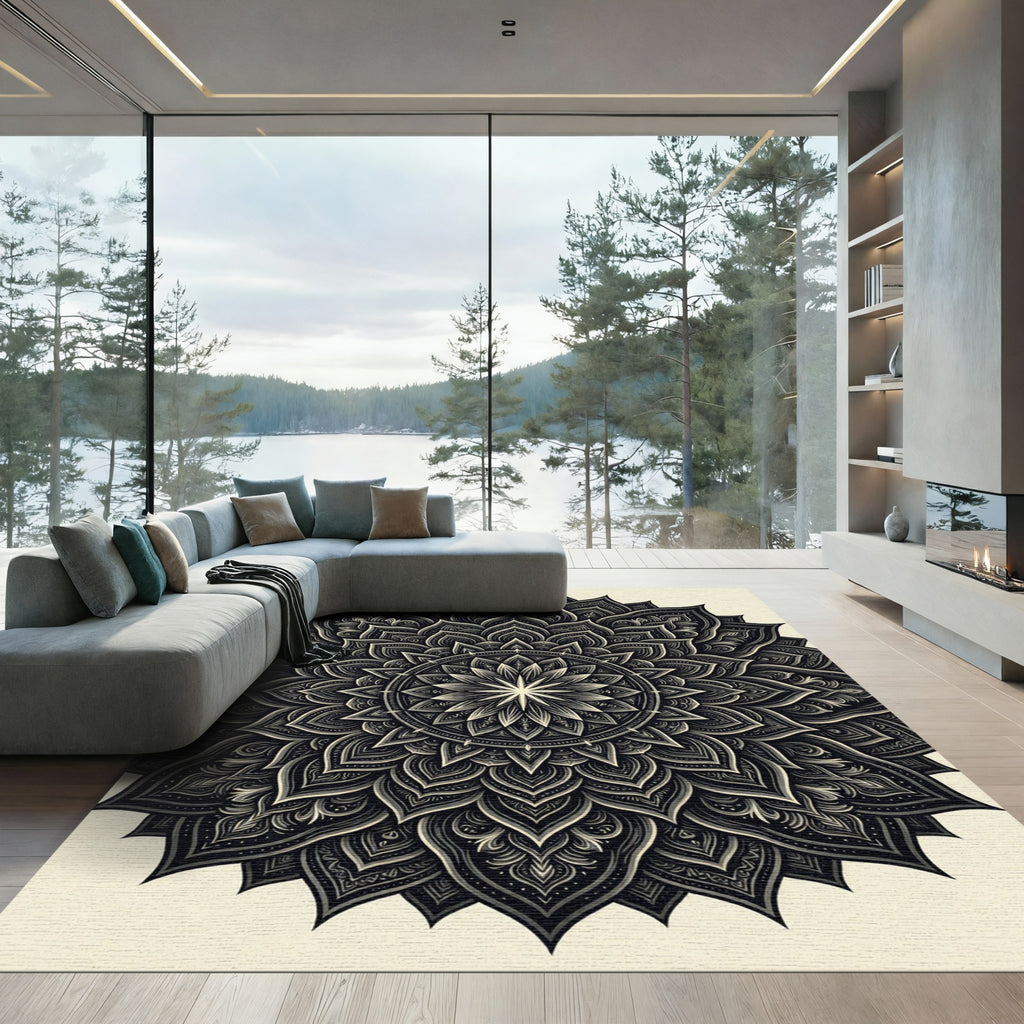 Ornate Charcoal Monochrome Floral Mandala Rug