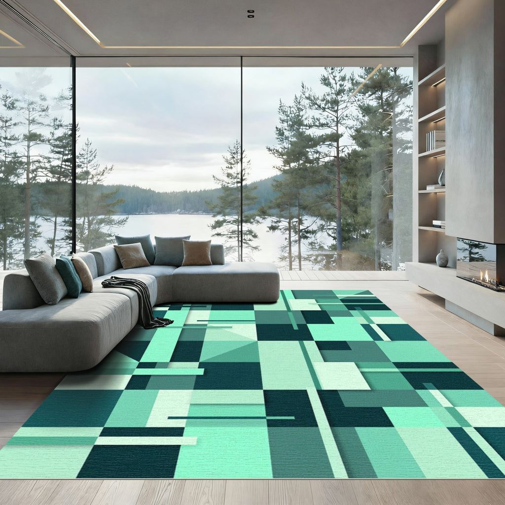Teal Geometric Layered Blocks Rug