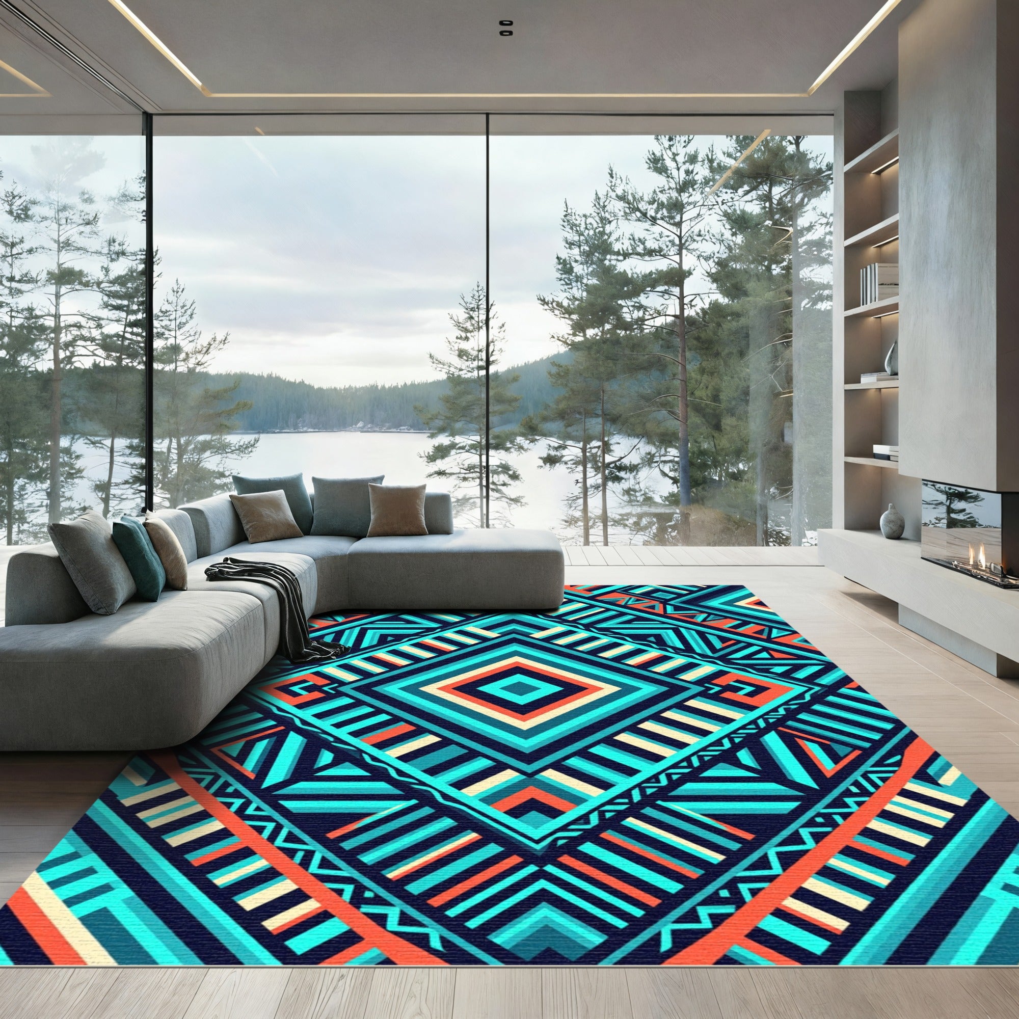 Vibrant Teal and Orange Geometric Diamond Rug