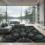 Elegant Black Peacock Feather Fan Rug