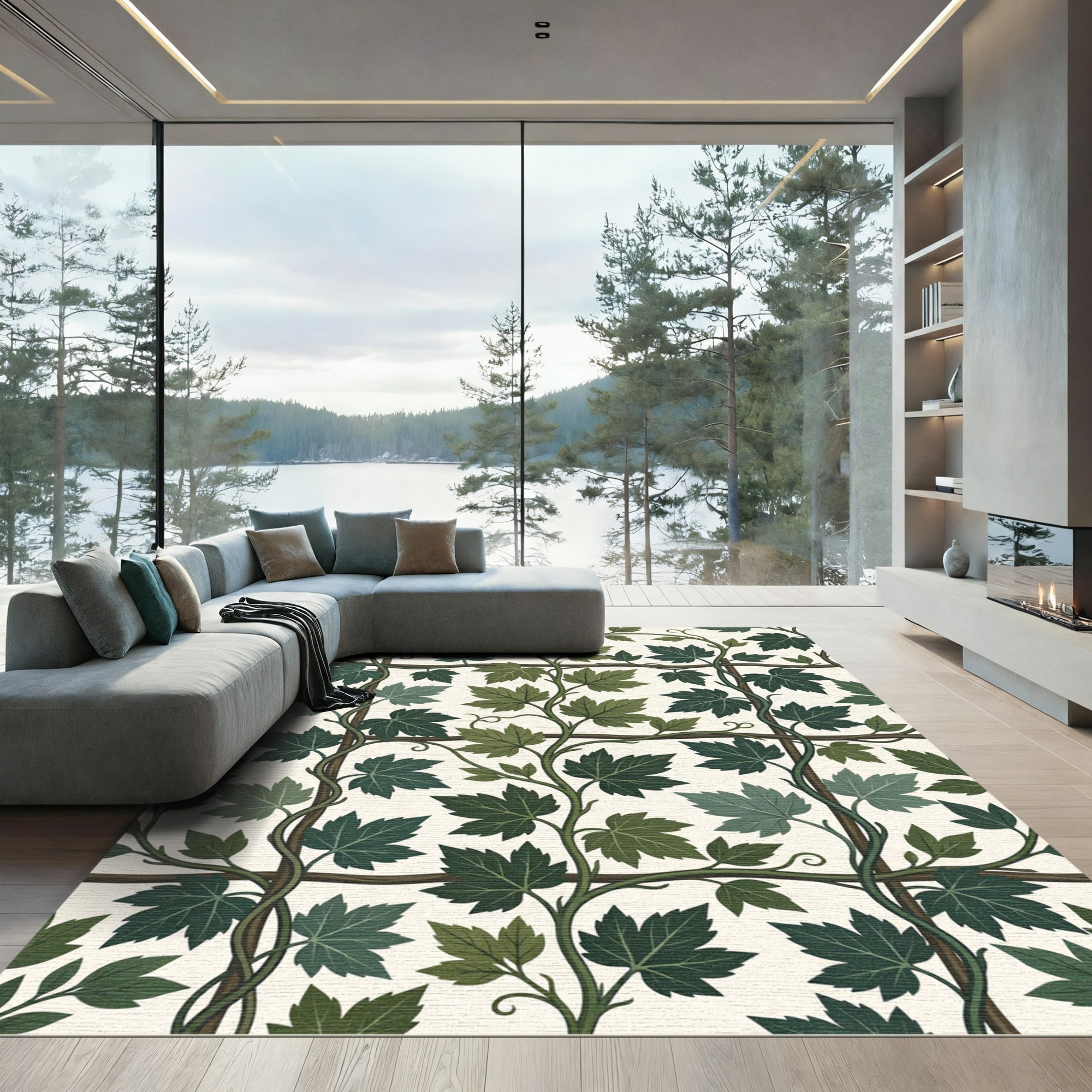 Earthy Green Ivy Trellis Botanical Rug
