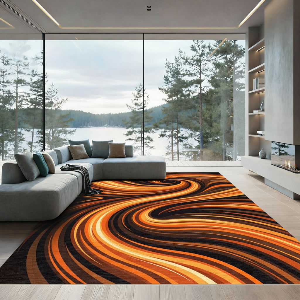 Golden Amber Swirling Abstract Waves Rug