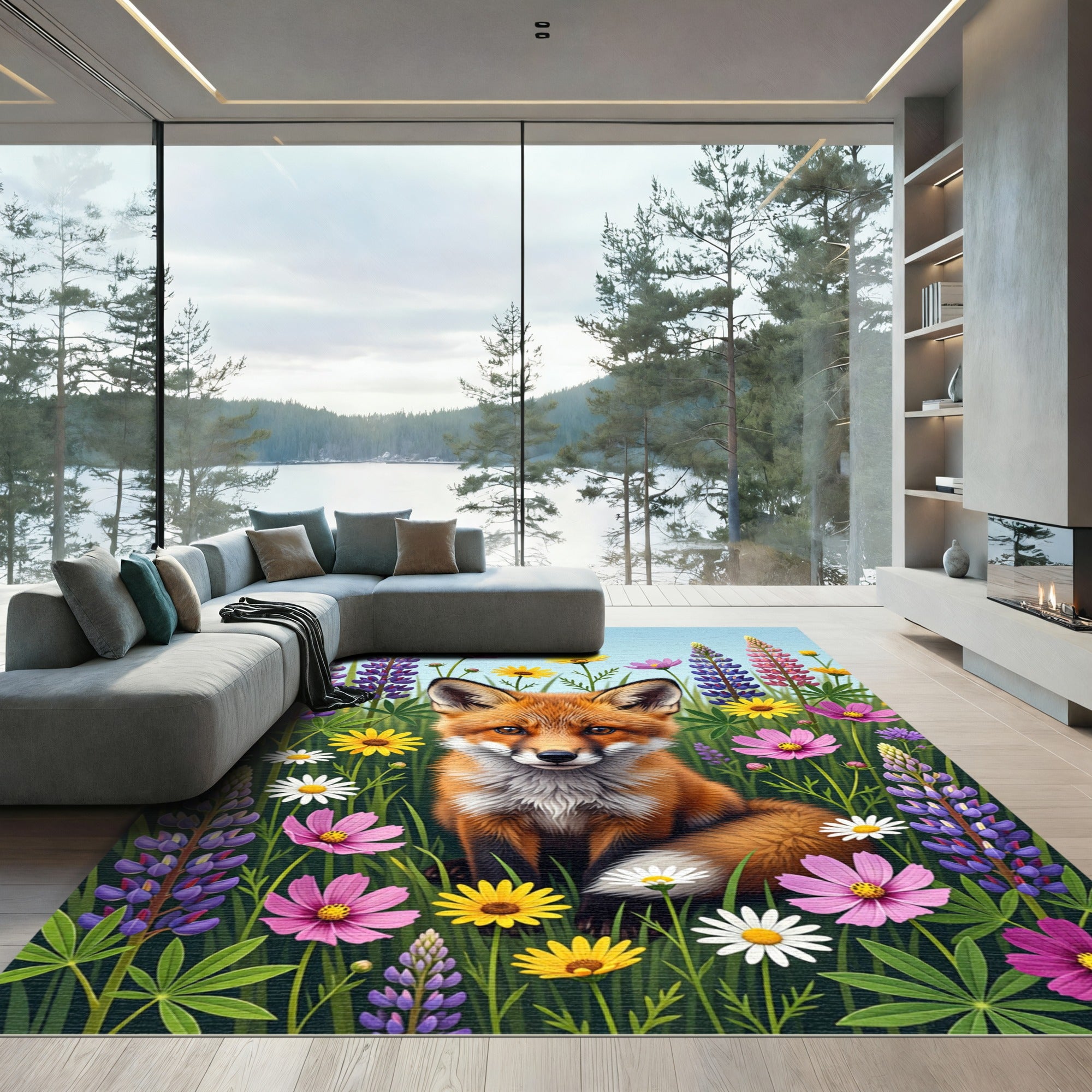 Cute Fox and Meadow Wildflowers Rug