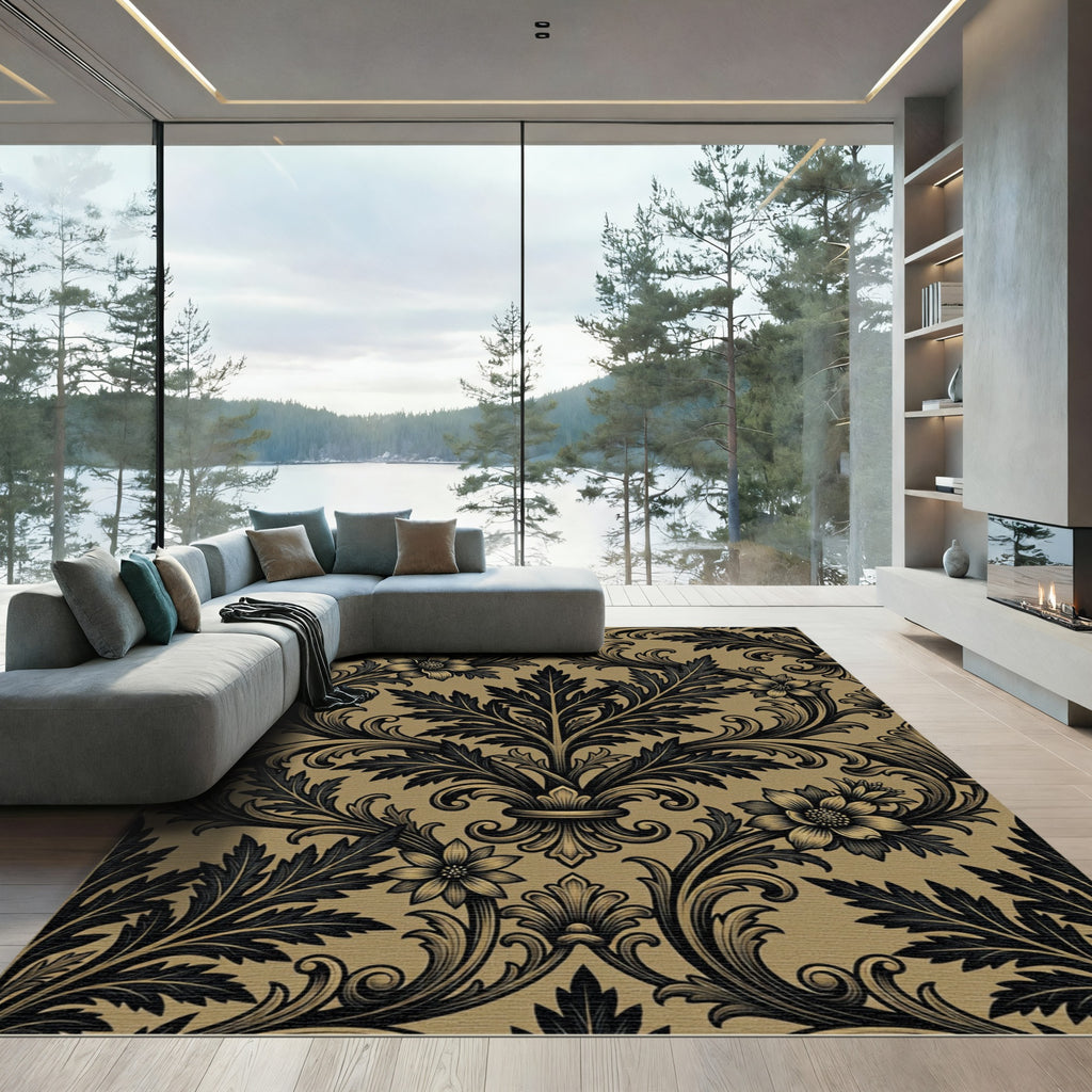 Vintage Golden Black Acanthus Floral Scroll Rug