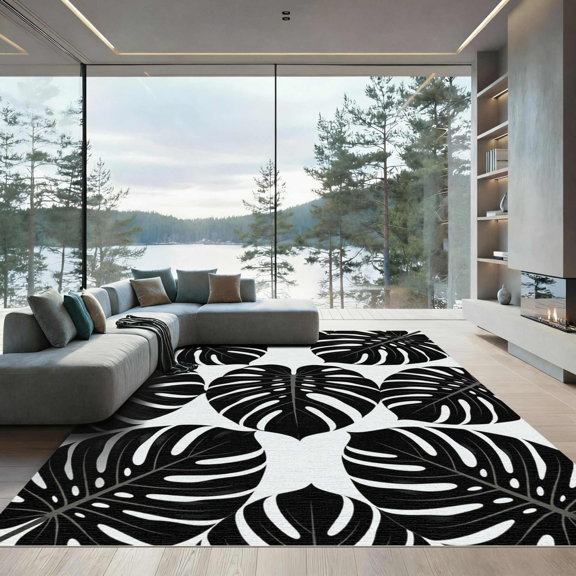 Bold Black Tropical Monstera Leaves Rug