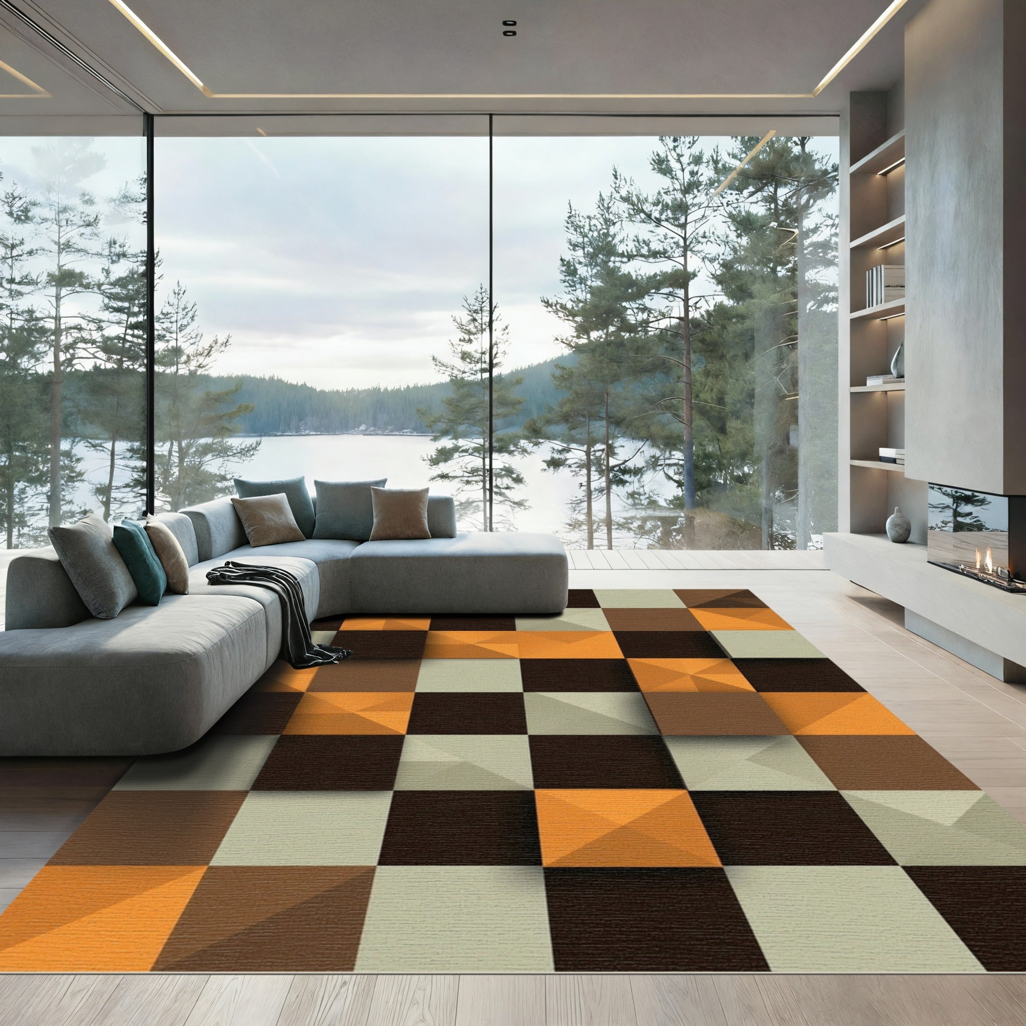 Geometric Earth Tone Pyramid Block Rug