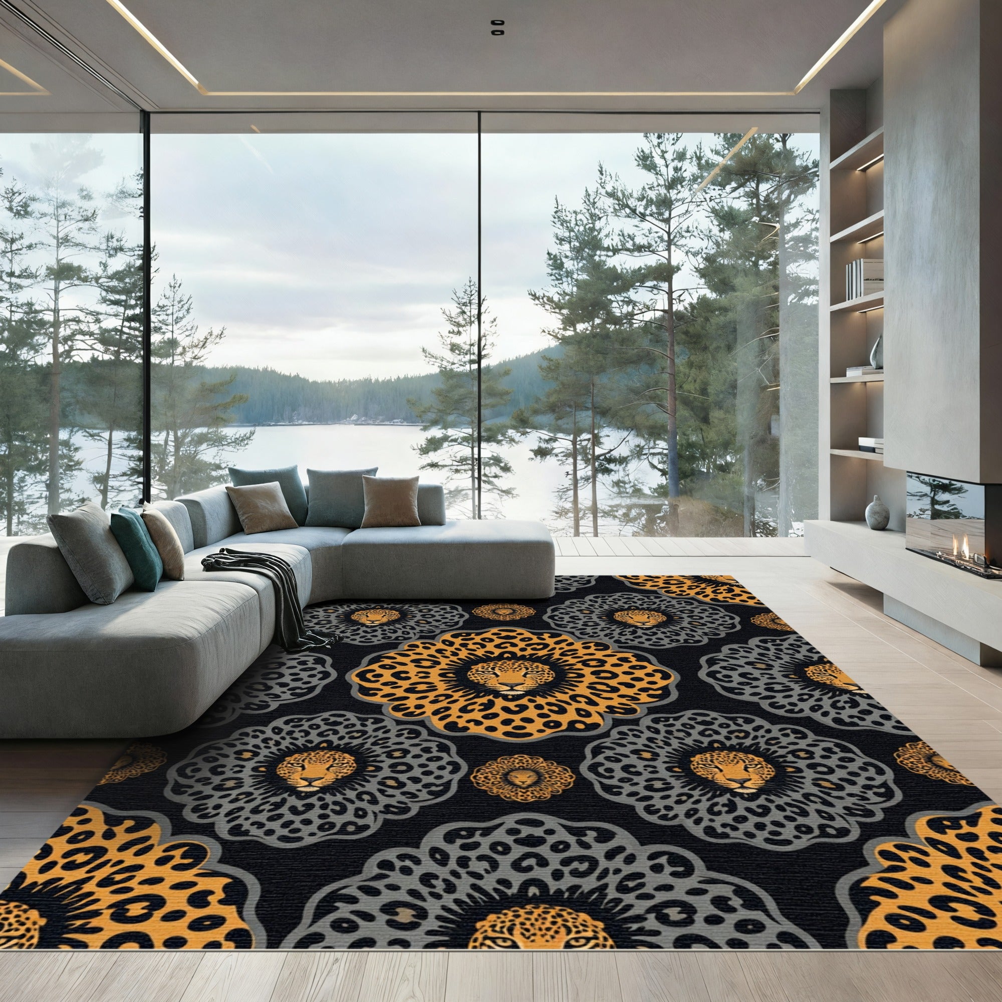 Gold and Charcoal Leopard Medallion Rug