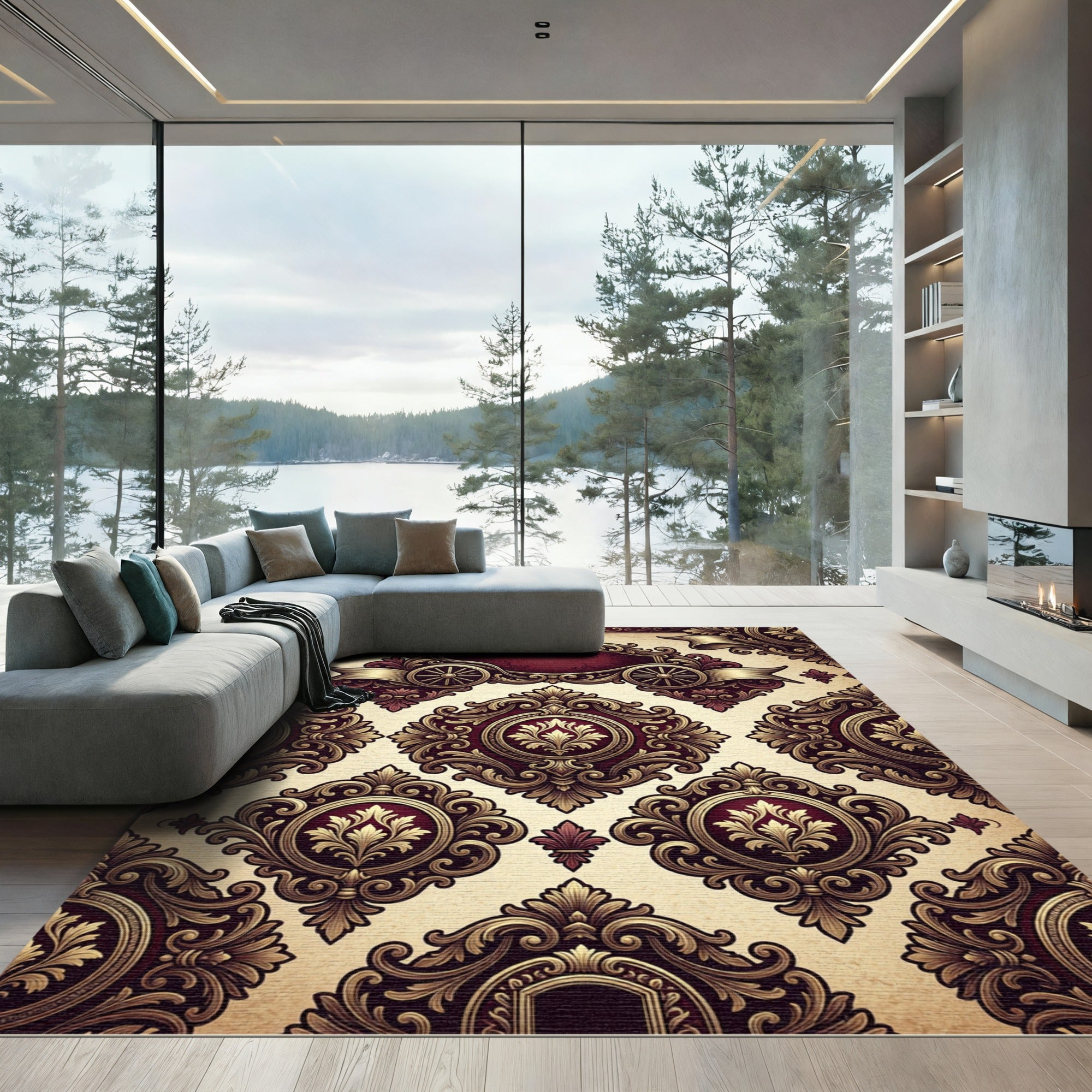 Regal Crimson Gold Damask Scrollwork Rug