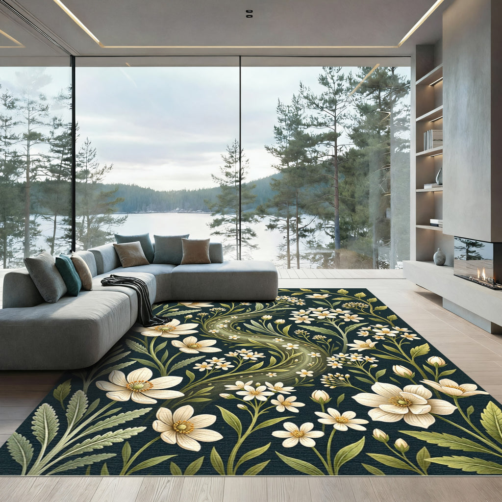 Elegant White Floral Serpentine Botanical Art Rug