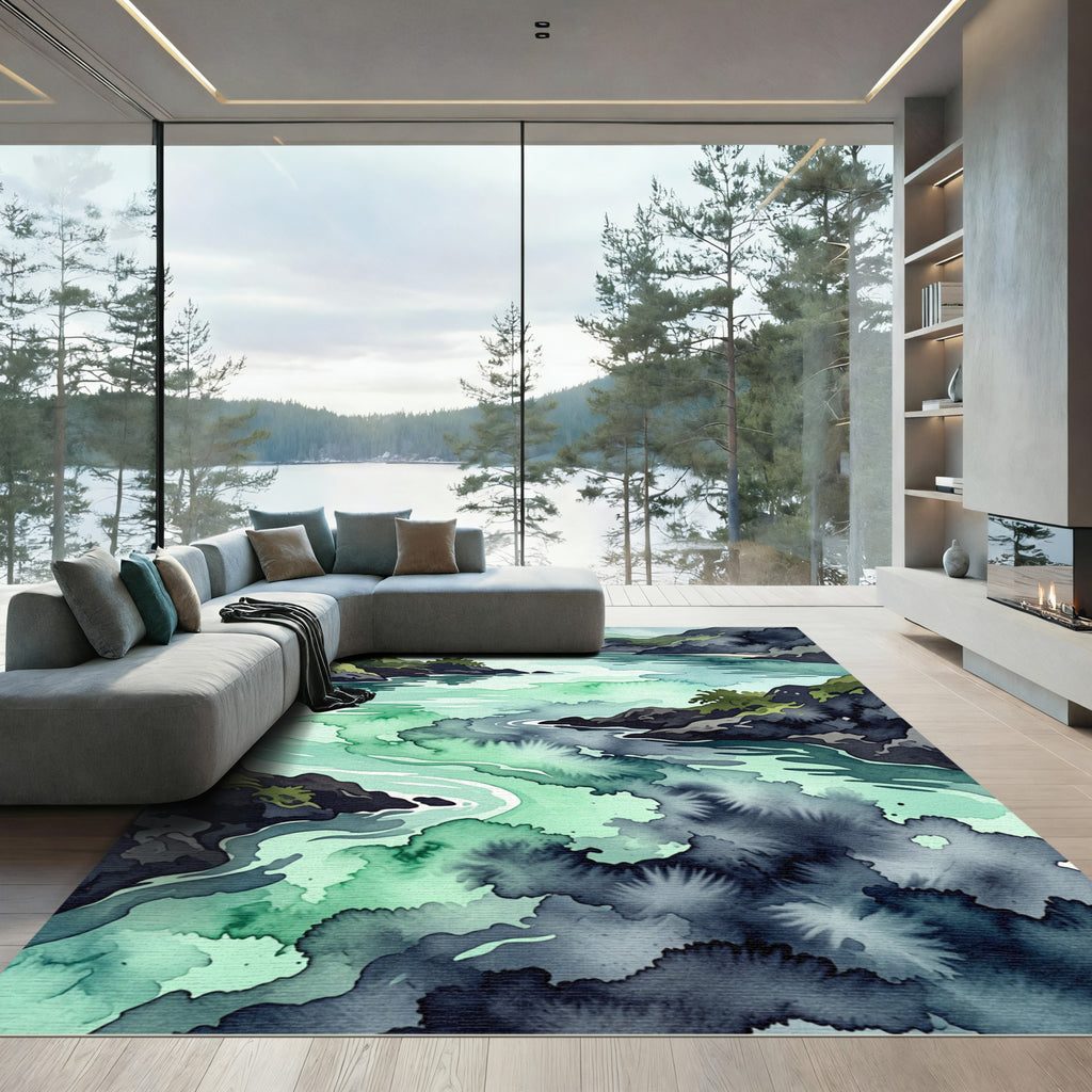 Ethereal Emerald Coastal Watercolor Landscape Rug