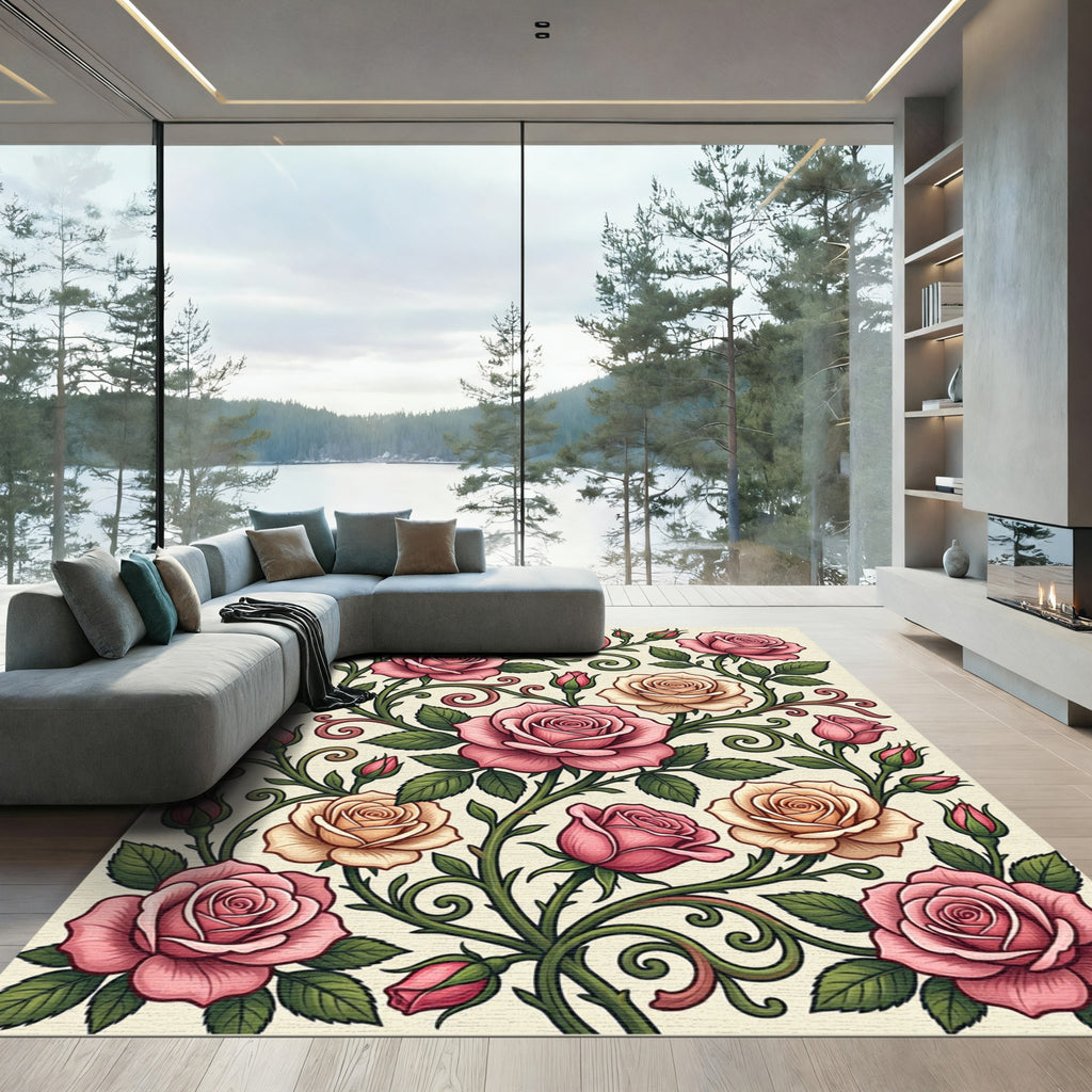 Elegant Pink Rose Floral Swirl Rug