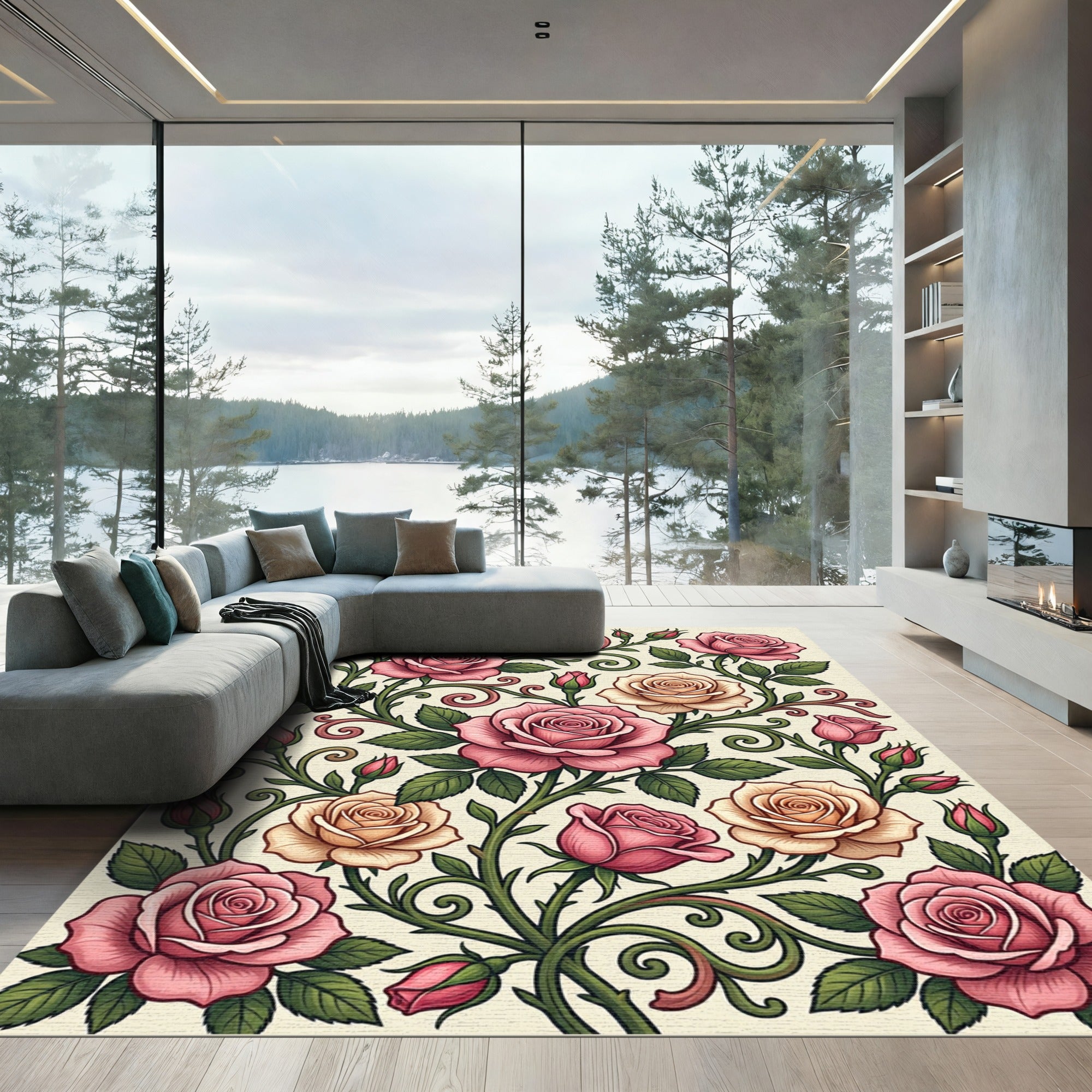 Elegant Pink Rose Floral Swirl Rug