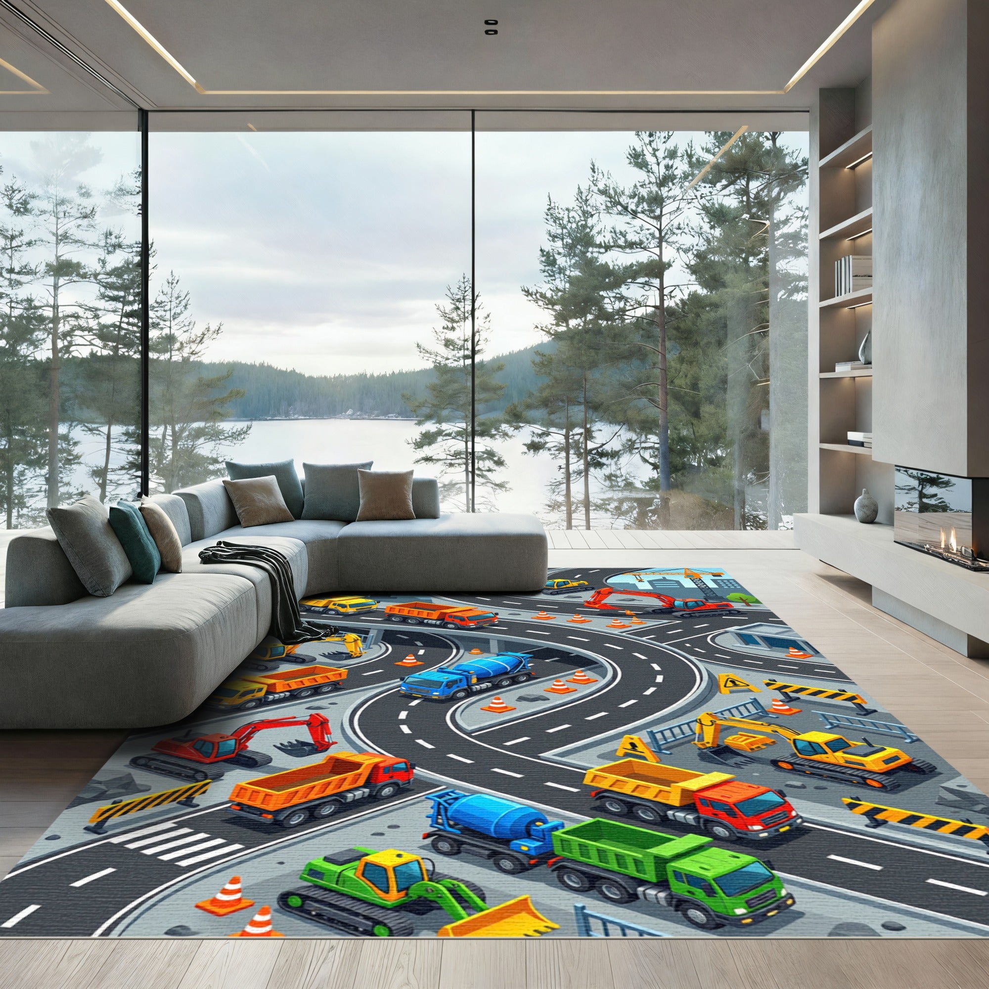 Vibrant Construction Site Isometric Roadway Rug