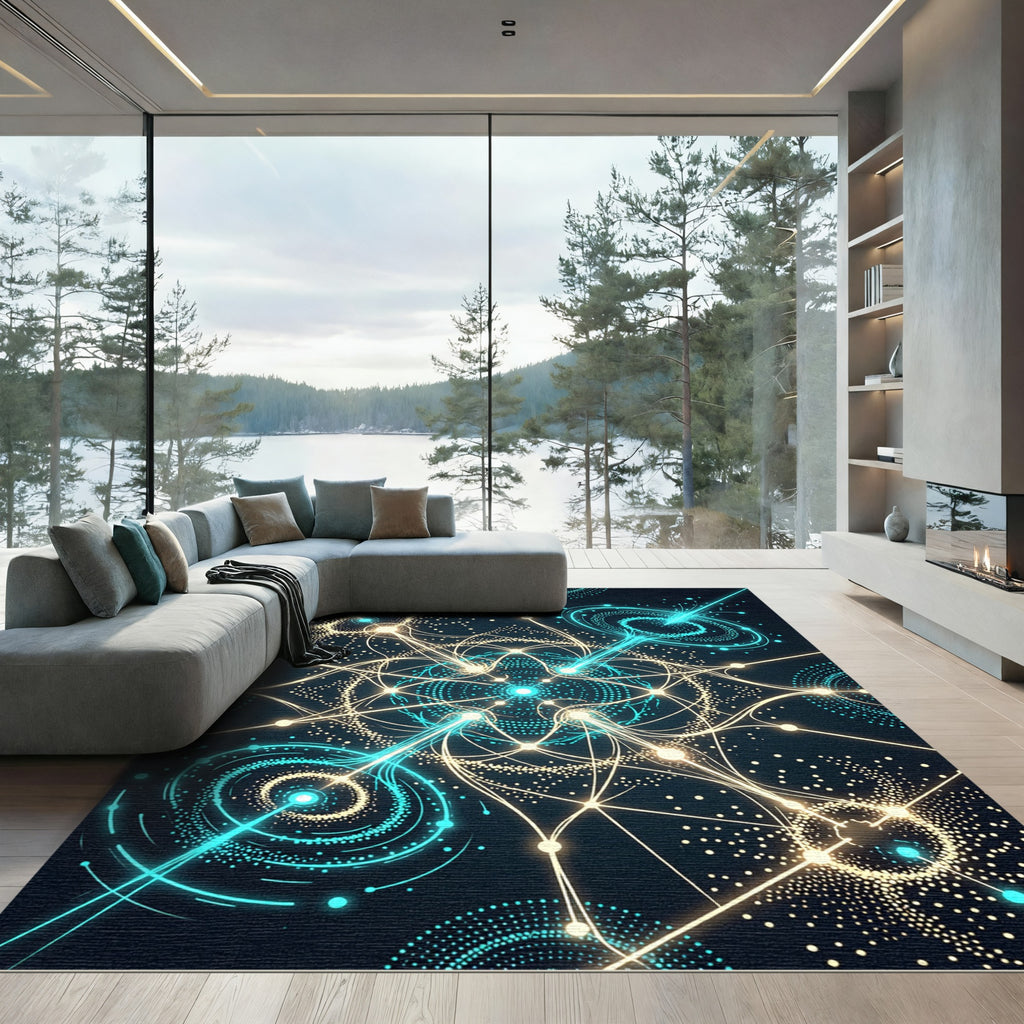 Luminous Cyan Golden Celestial Network Aura Rug