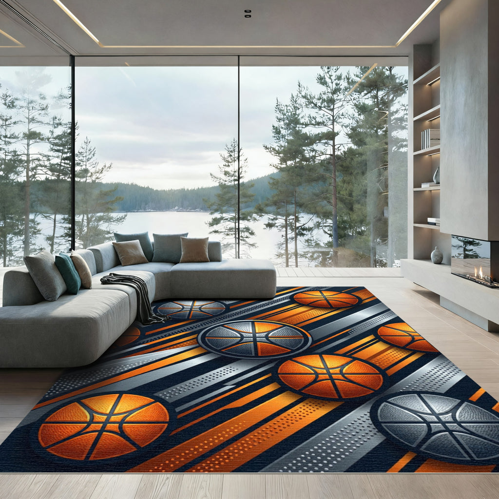 Metallic Basketball Abstract Diagonal Art Rug