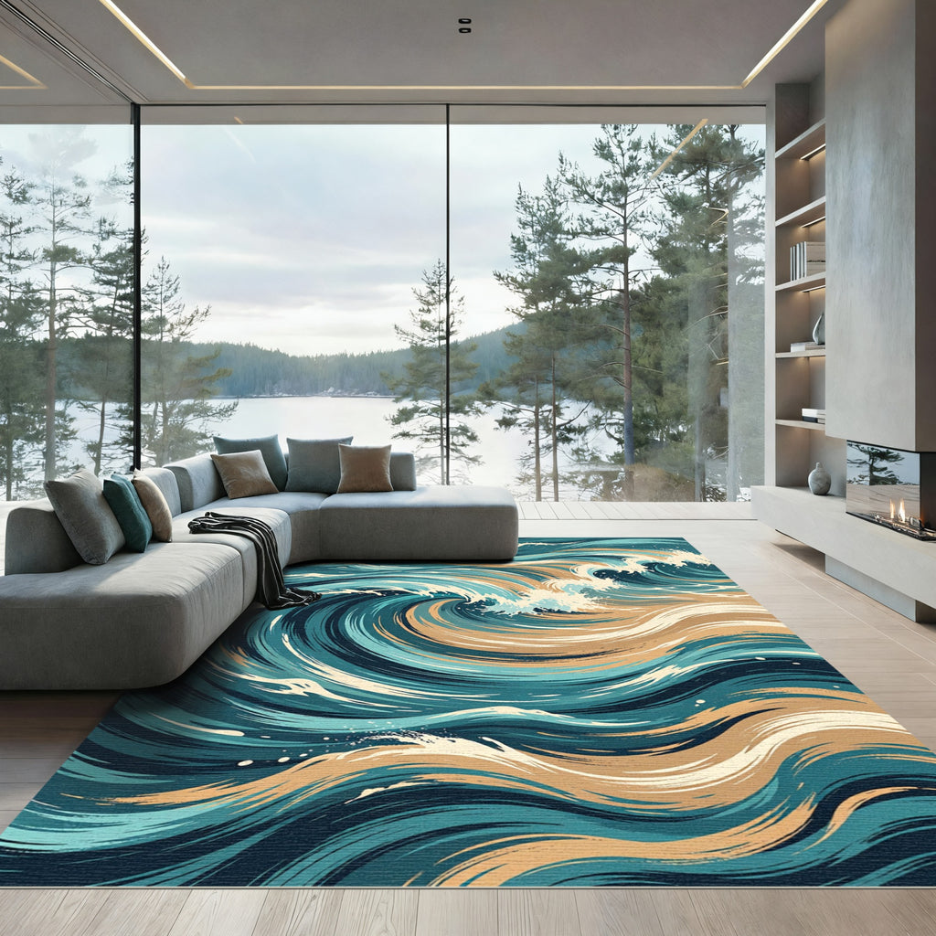 Deep Teal Abstract Swirling Waves Rug