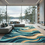 Deep Teal Abstract Swirling Waves Rug