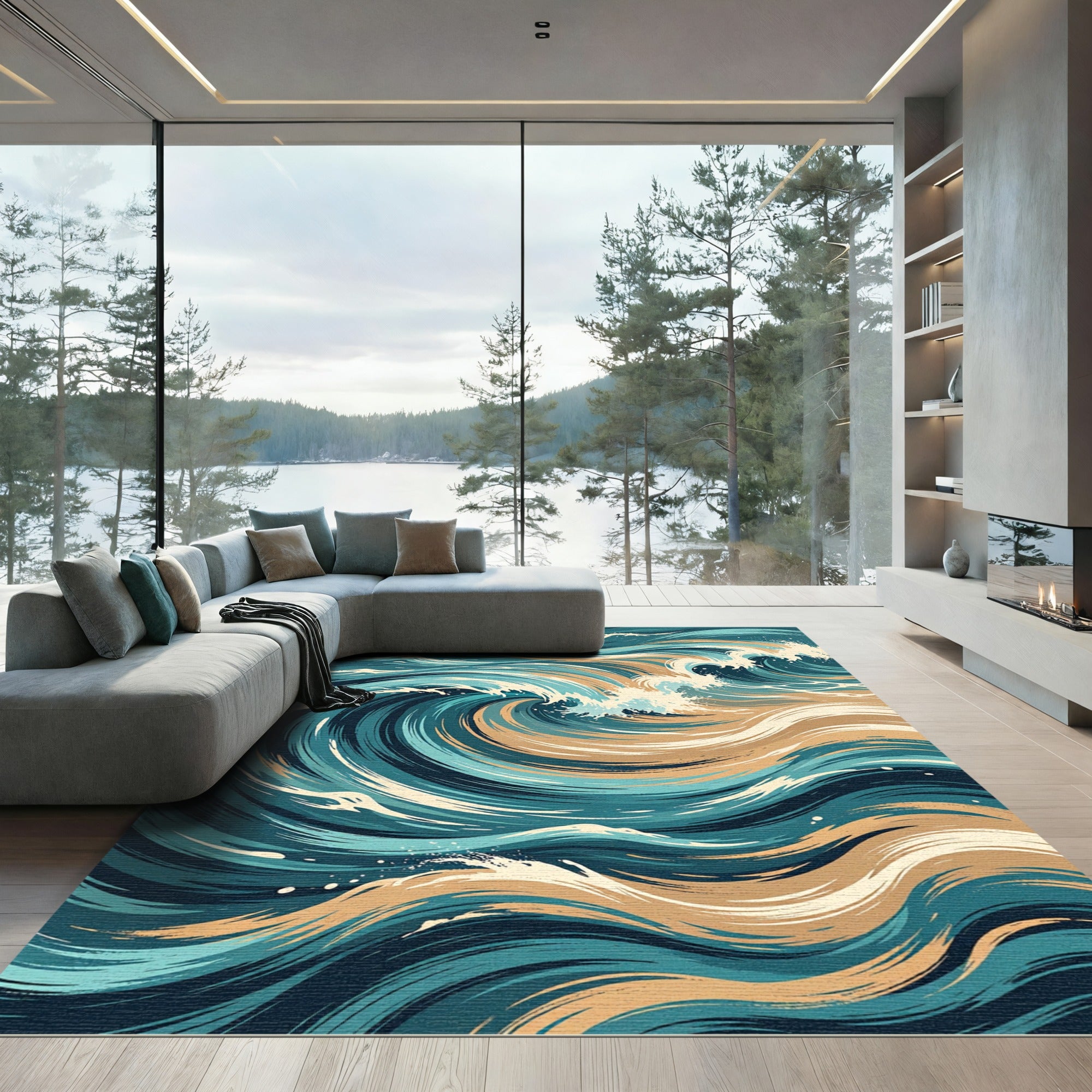 Deep Teal Abstract Swirling Waves Rug