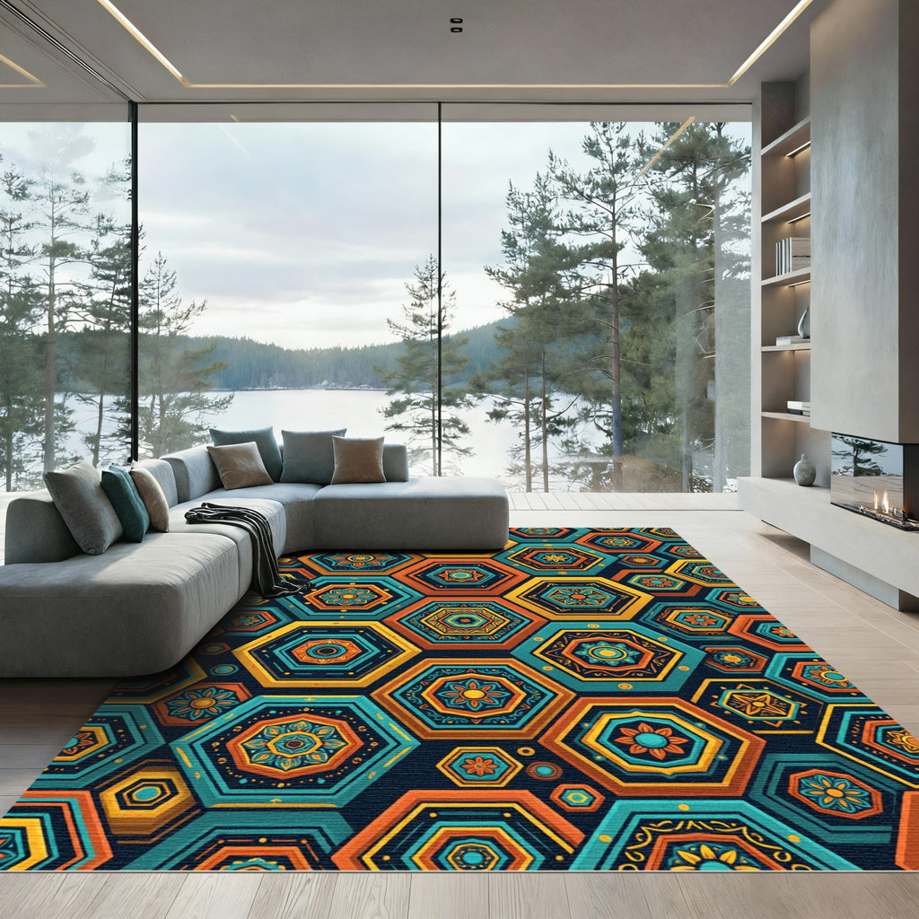 Vibrant Hexagonal Floral Mosaic Art Rug