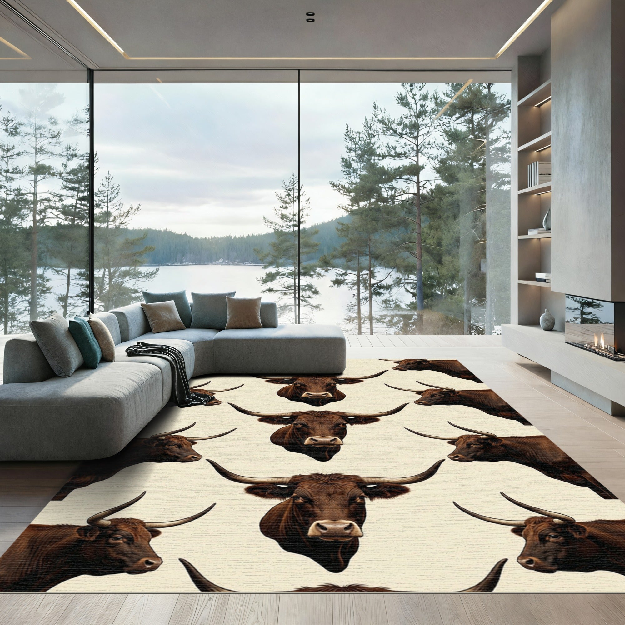 Brown Longhorn Bull Geometric Animal Art Rug