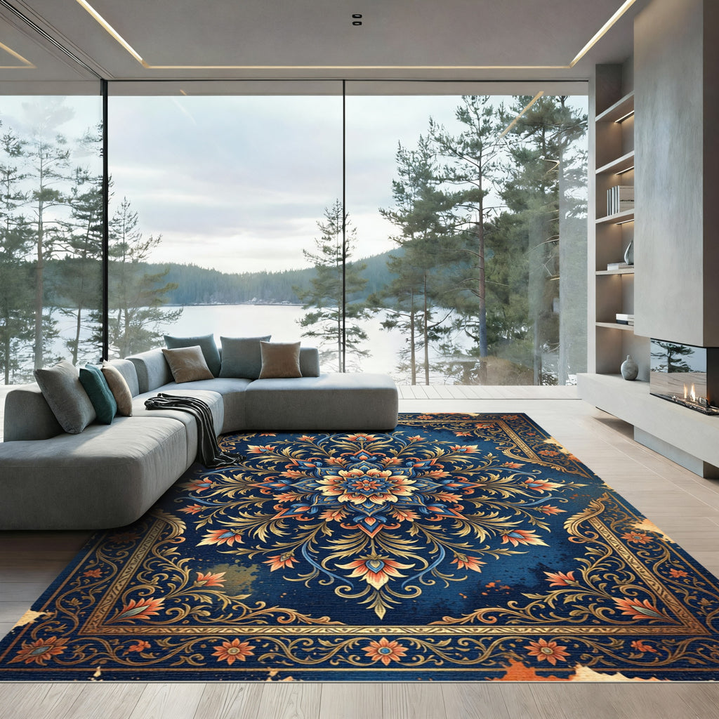 Navy Blue Floral Ornate Medallion Rug