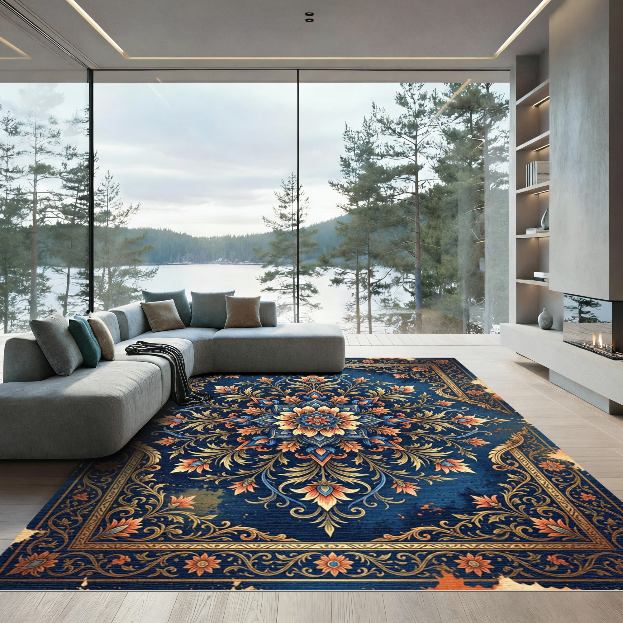 Navy Blue Floral Ornate Medallion Rug
