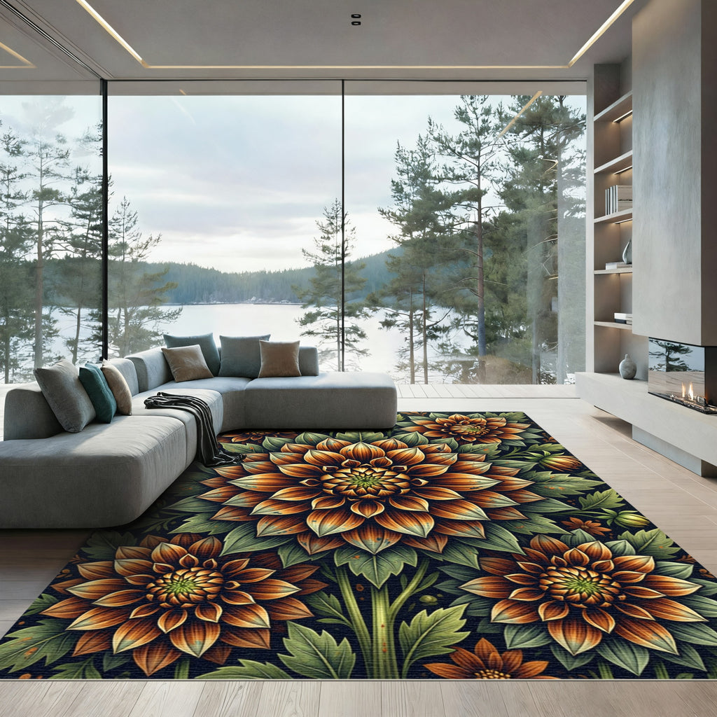 Autumnal Dahlia Blossom Botanical Artwork Rug