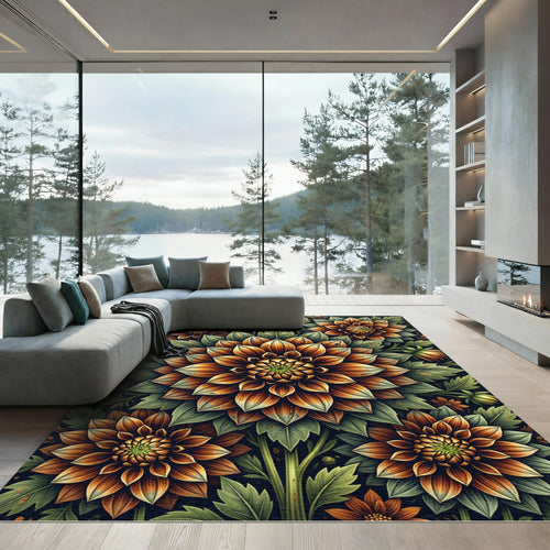 Autumnal Dahlia Blossom Botanical Artwork Rug