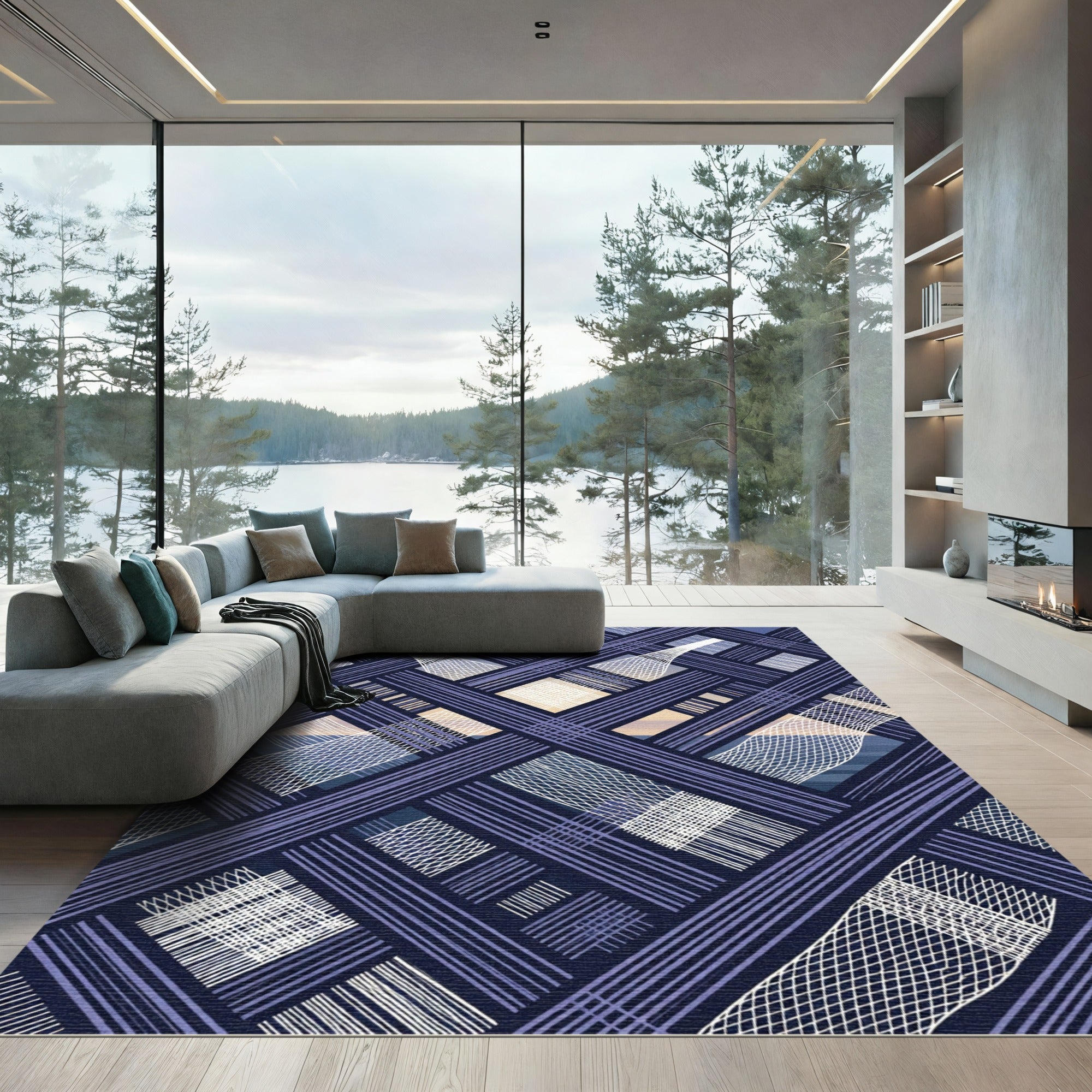 Geometric Navy Blue Intersecting Grid Rug