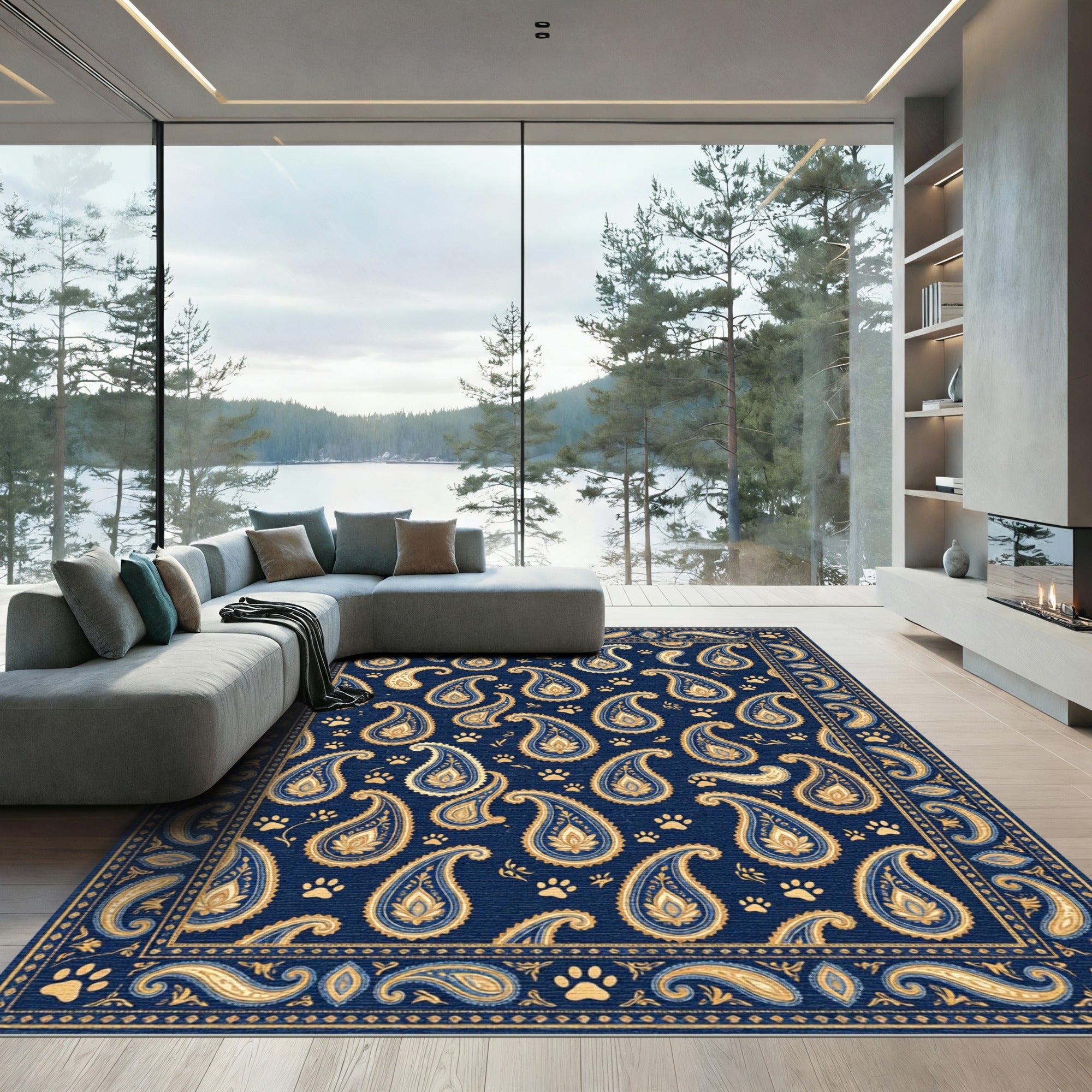 Navy Blue Paisley with Golden Paw Rug
