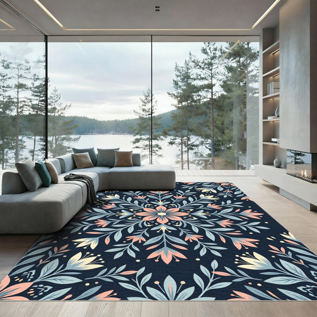 Midnight Blue Botanical Floral Medallion Rug