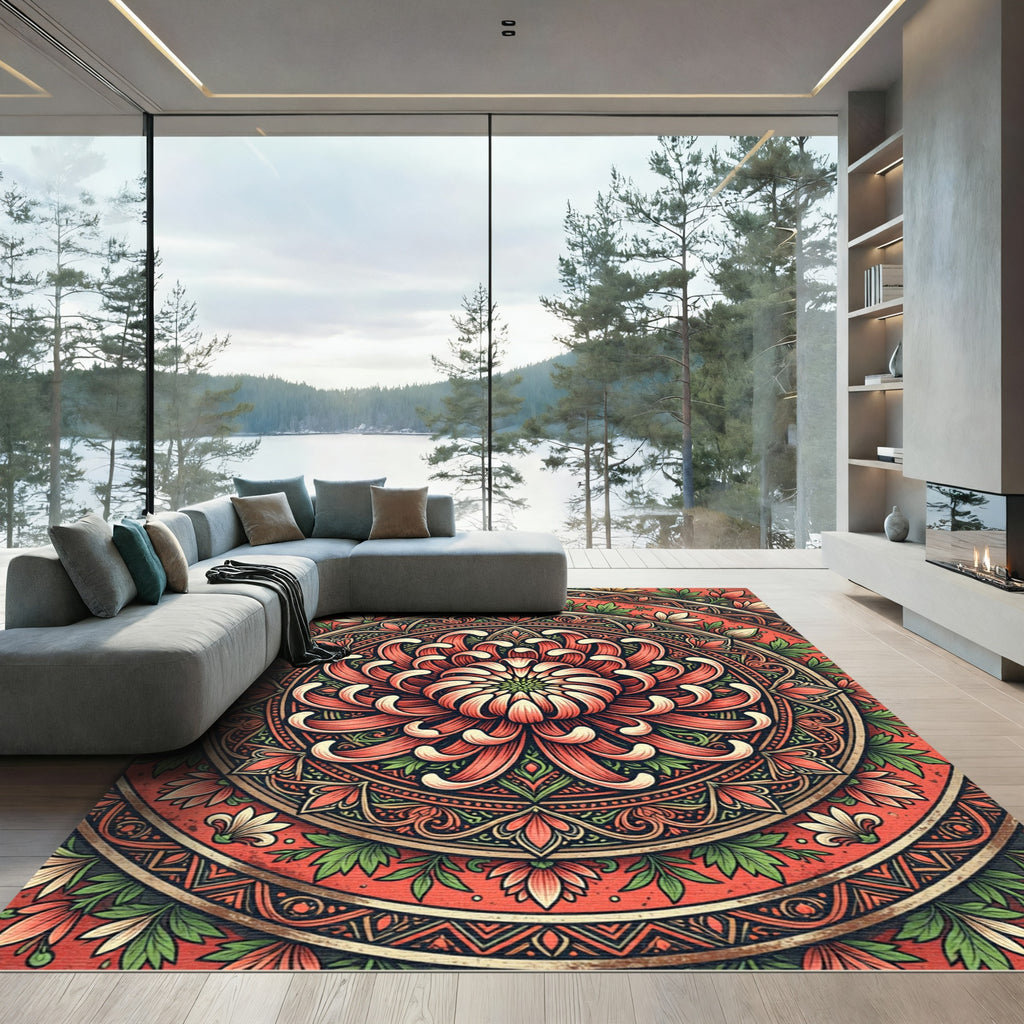 Radiant Coral Chrysanthemum Floral Medallion Rug