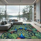 Vibrant Tropical Peacock Garden Illustration Rug