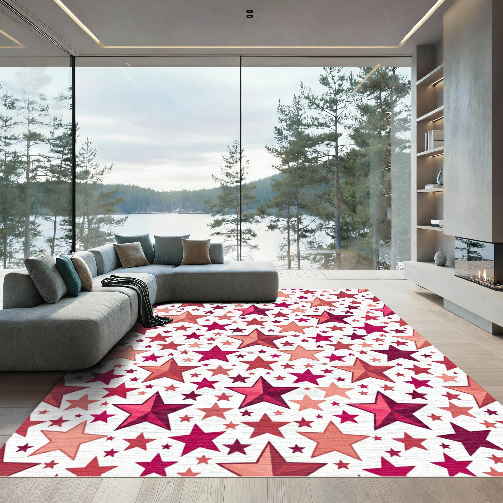 Radiant Crimson Starburst Collage Rug