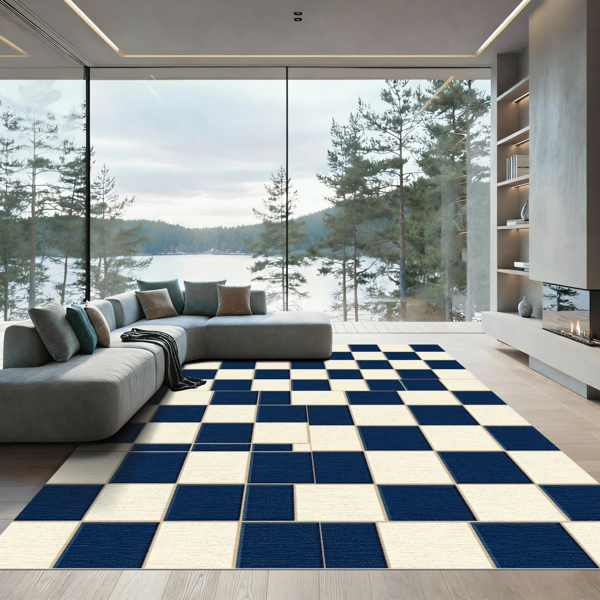 Modern Navy and Cream Checkerboard Grid Rug
