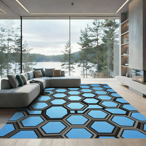 Azure Geometric Hexagon Honeycomb Rug