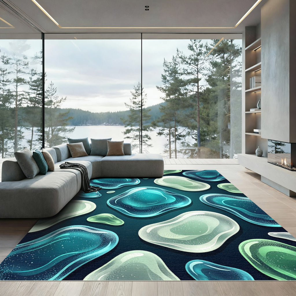 Abstract Teal And Mint Glass Pebble Rug