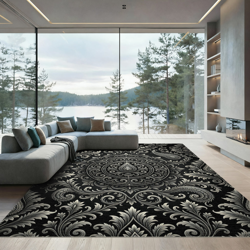 Ornate Black White Paisley Medallion Rug