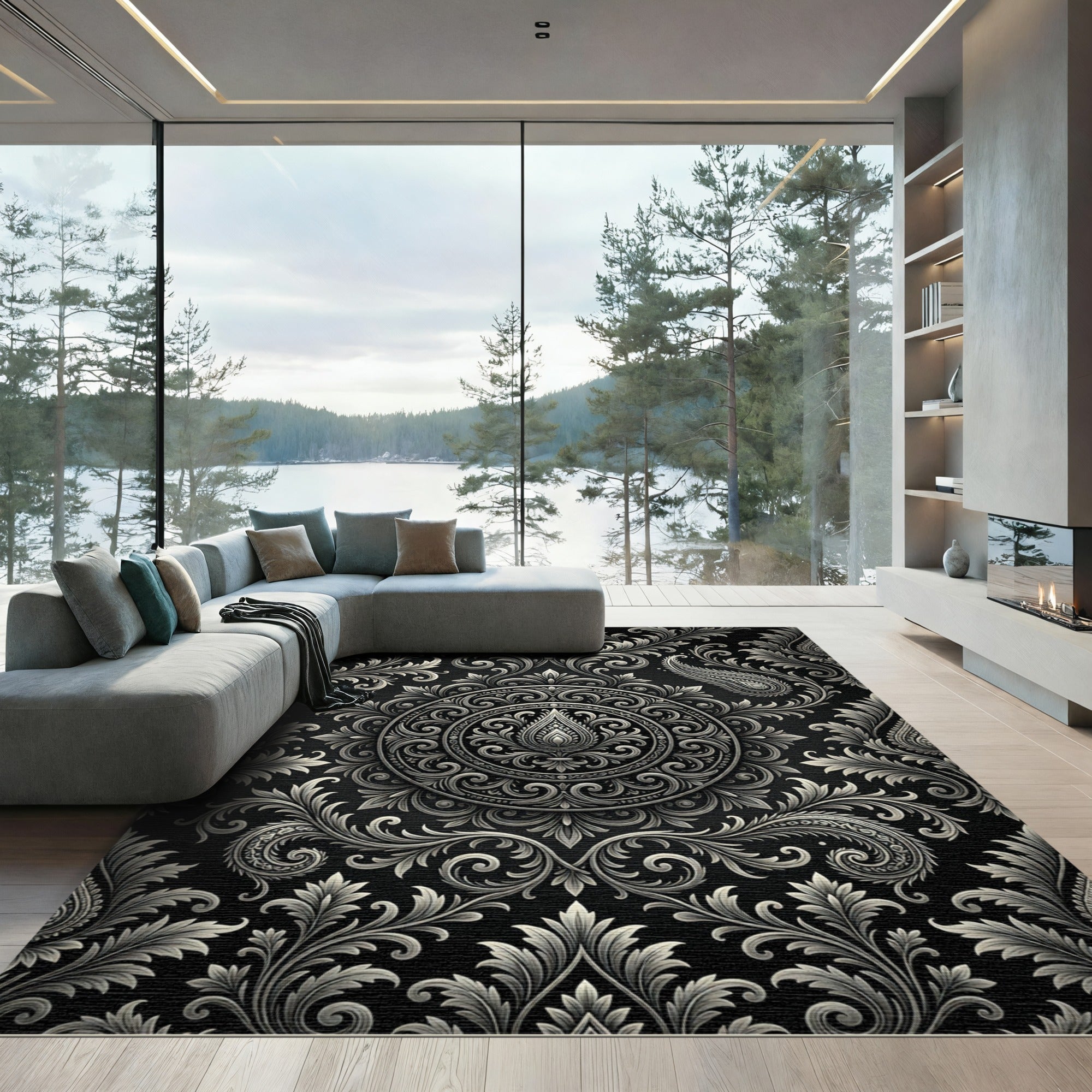 Ornate Black White Paisley Medallion Rug