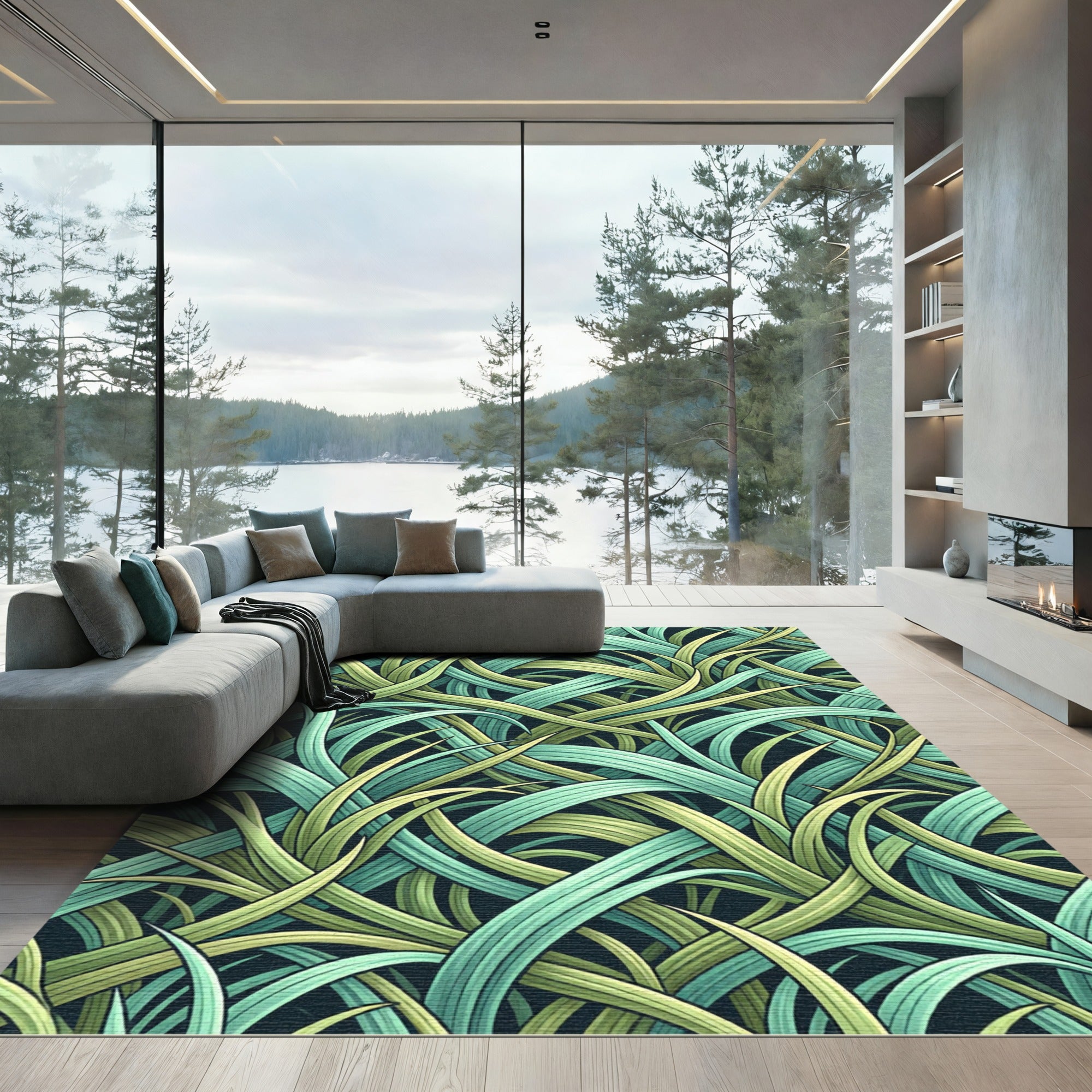 Green Teal Woven Grass Meadow Rug