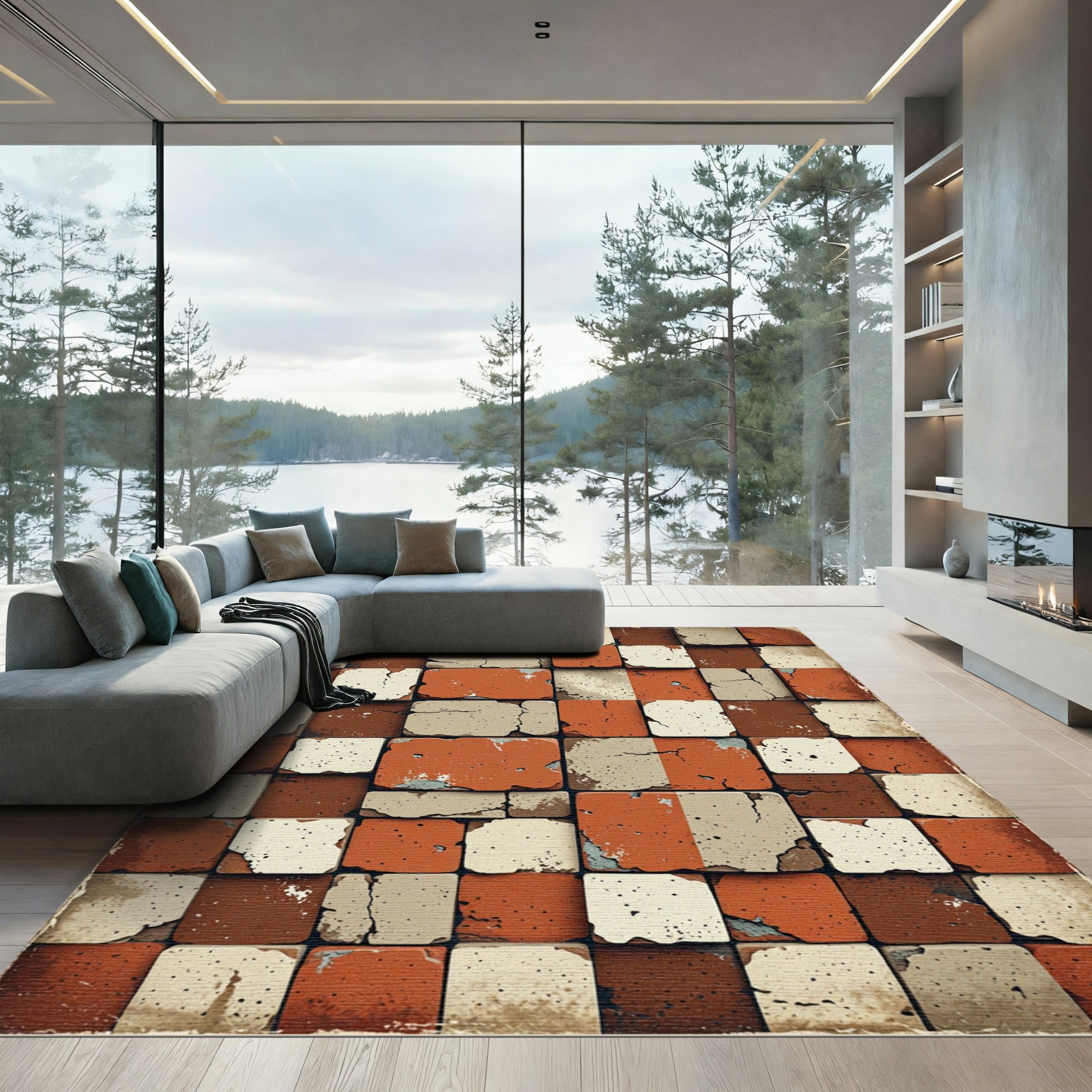Textured Terracotta Stone Geometric Grid Rug