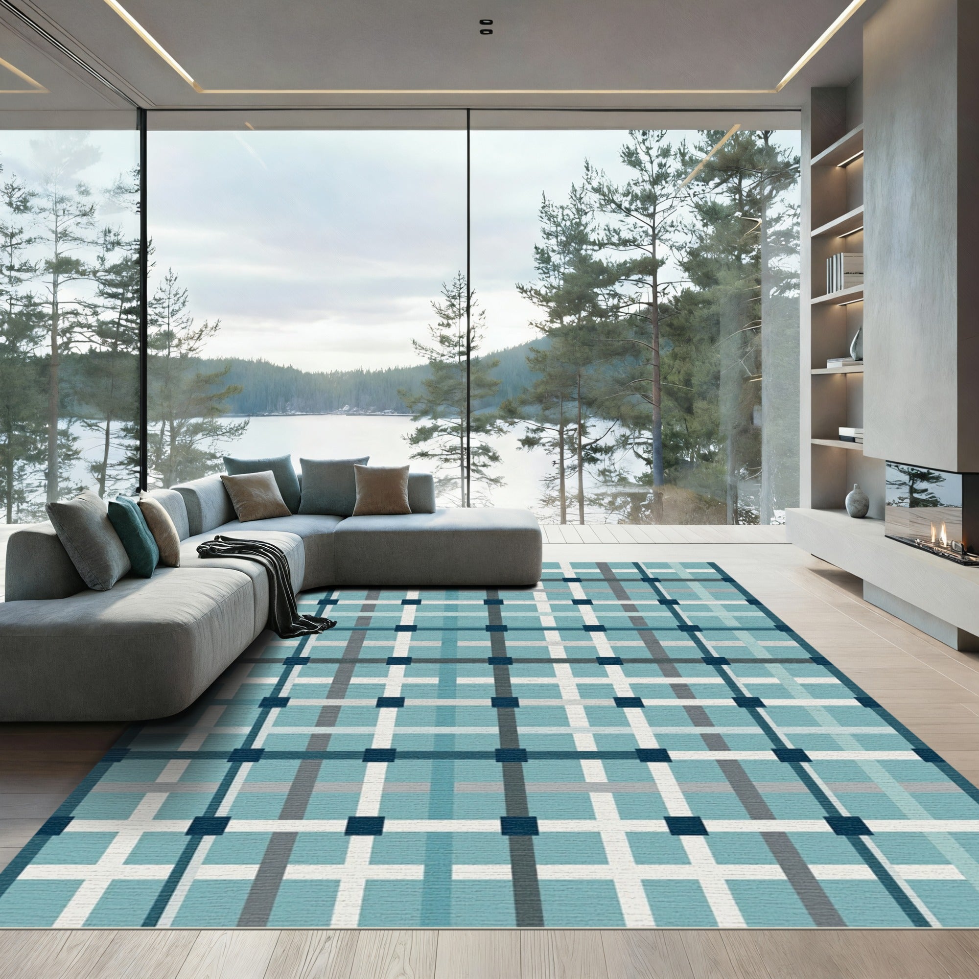 Contemporary Blue Grid Plaid Rug