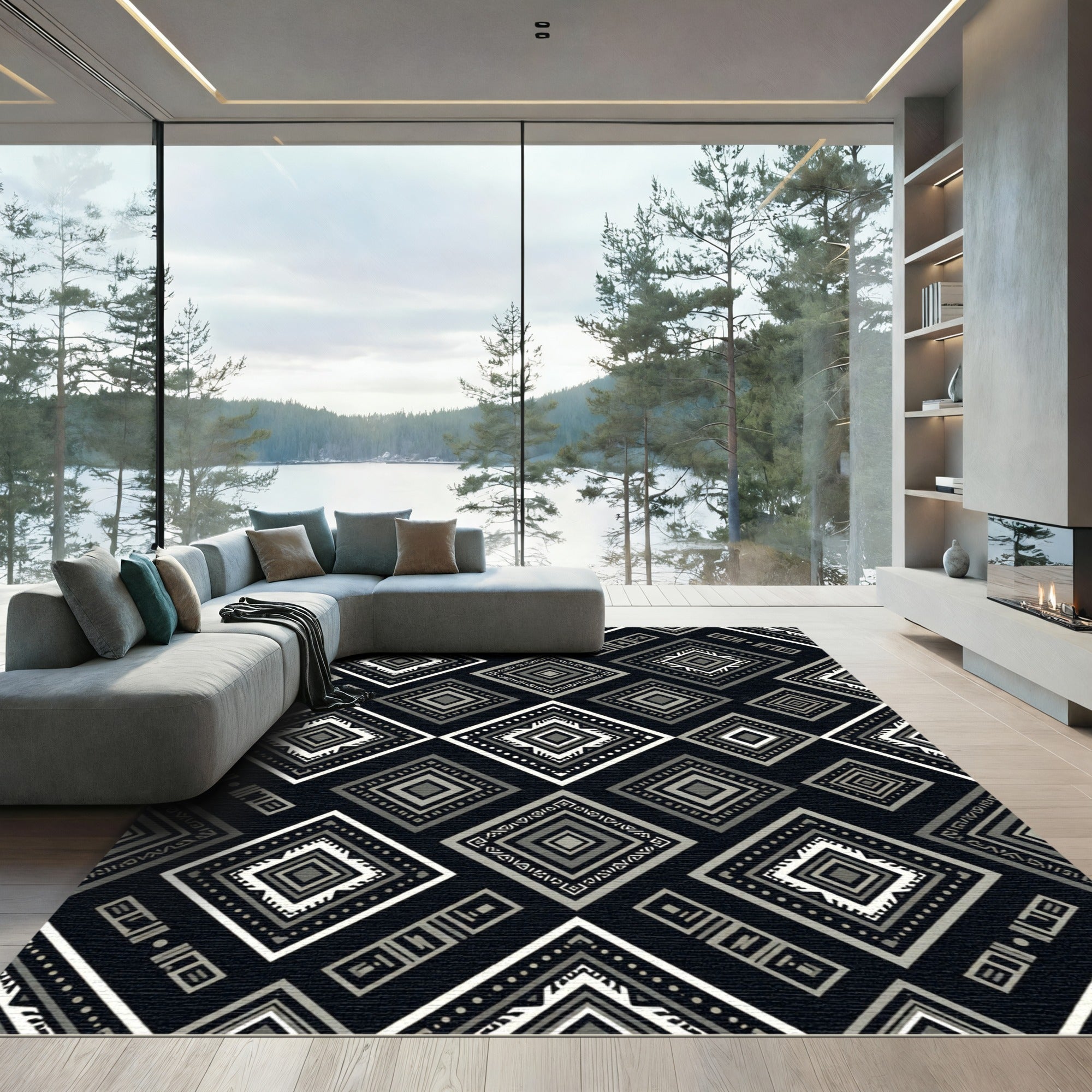 Monochromatic Geometric Diamond Boho Art Rug