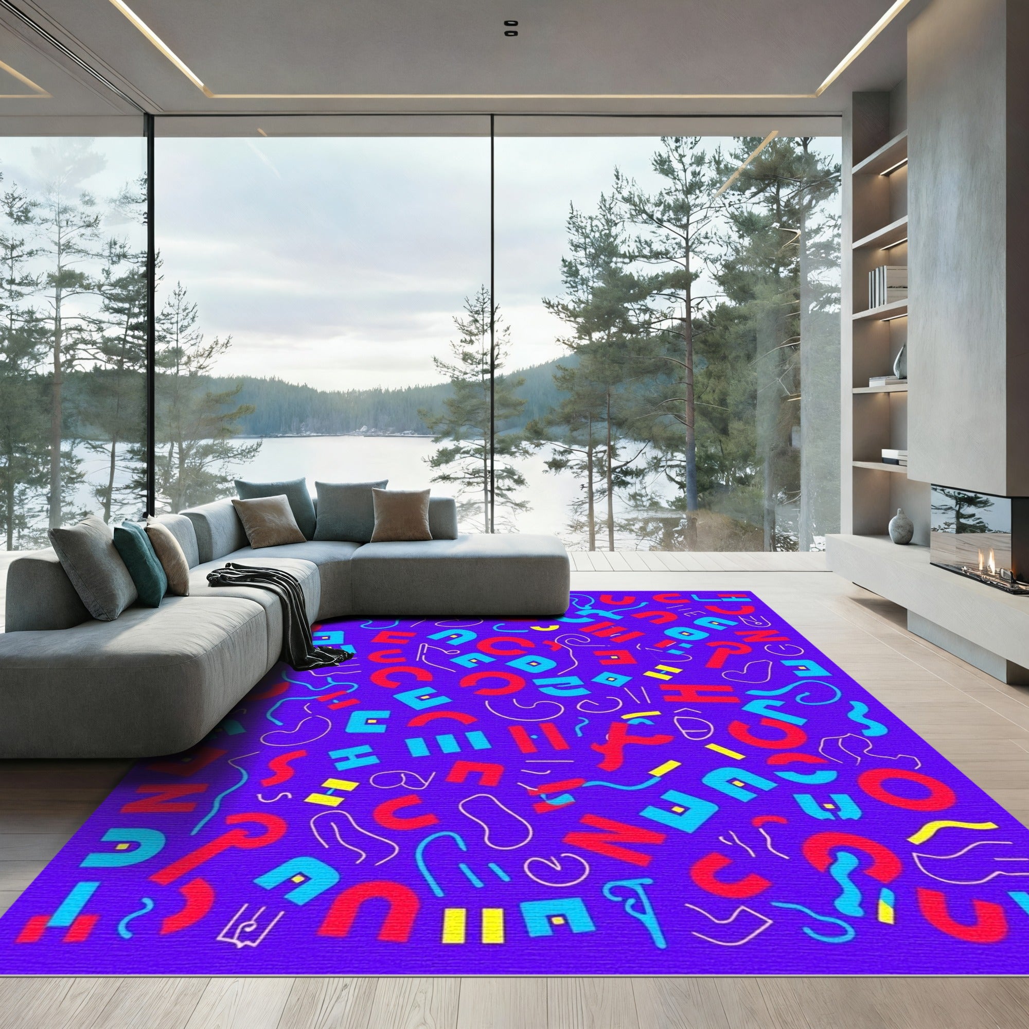 Vibrant Red Blue Abstract Composition Rug