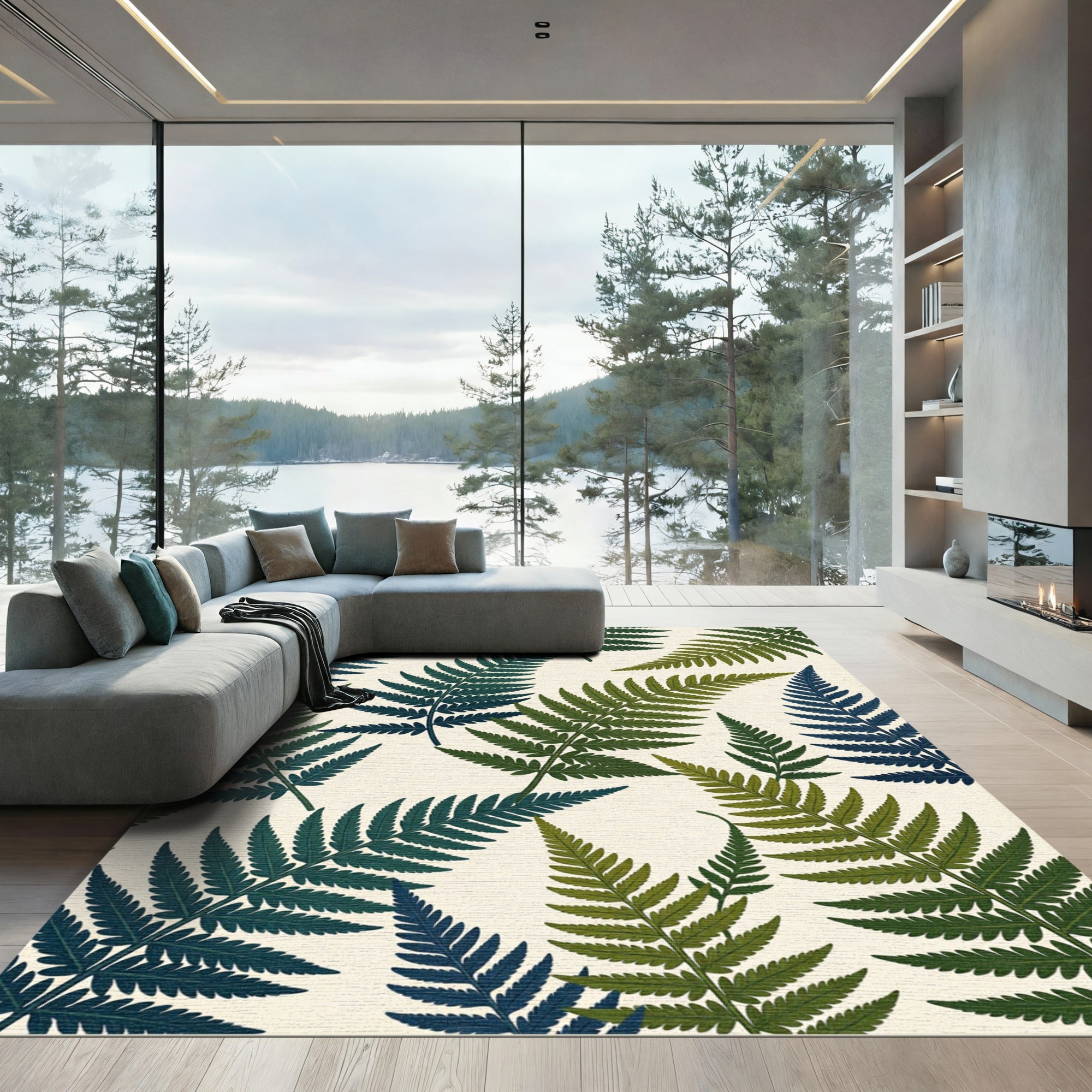 Teal Green Fern Leaf Arrangement Rug