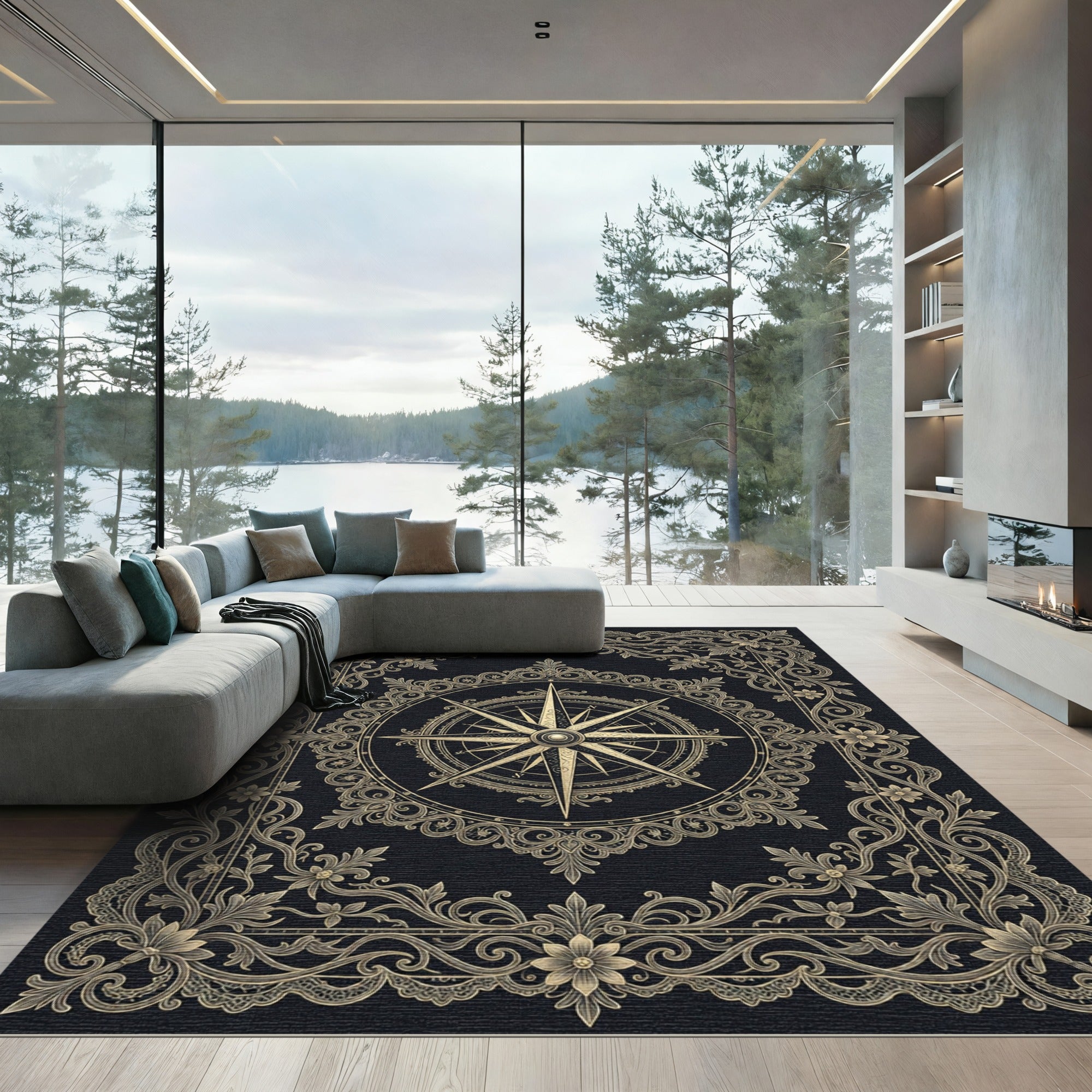 Antique Gold Compass Floral Border Rug